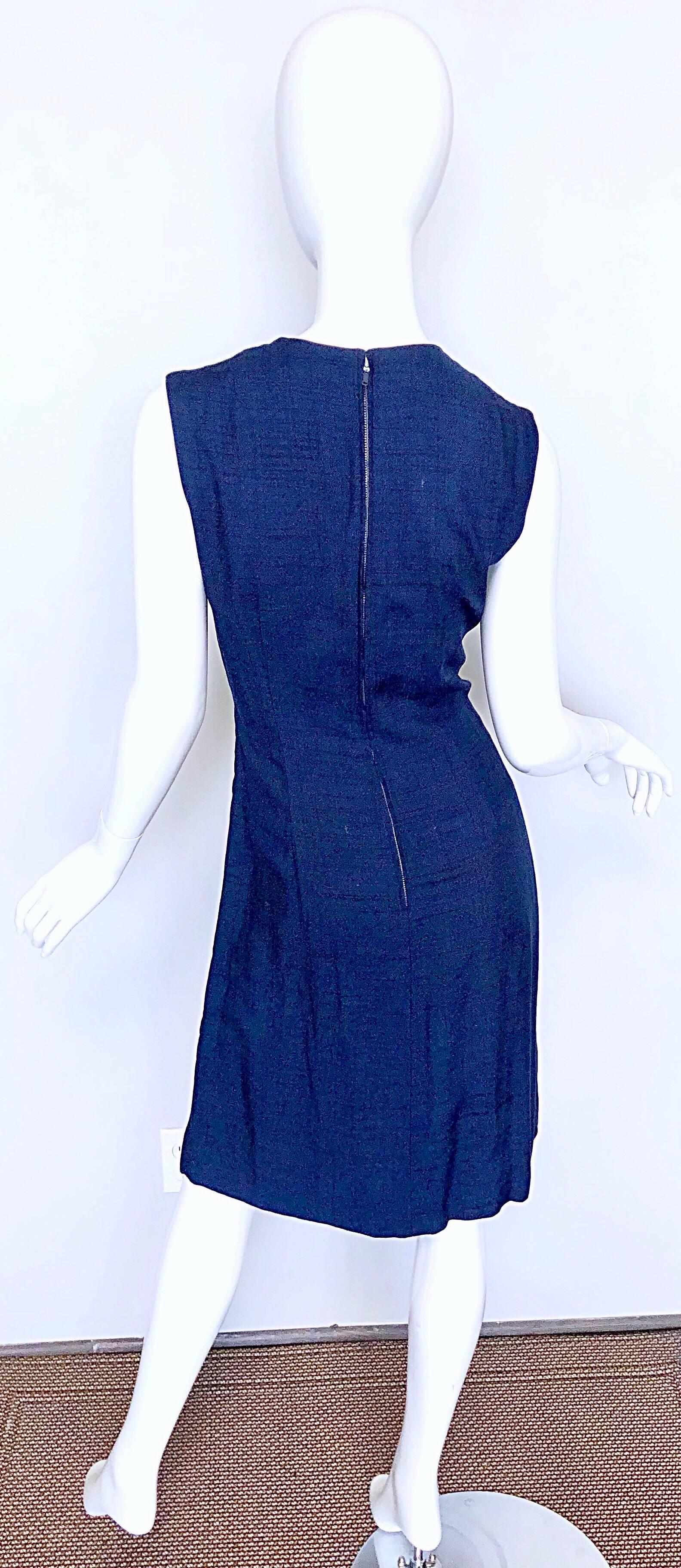 Women's Joseph Magnin 1960s Navy Blue + Red Linen Silk Nautical Vintage 60s Shift Dress For Sale