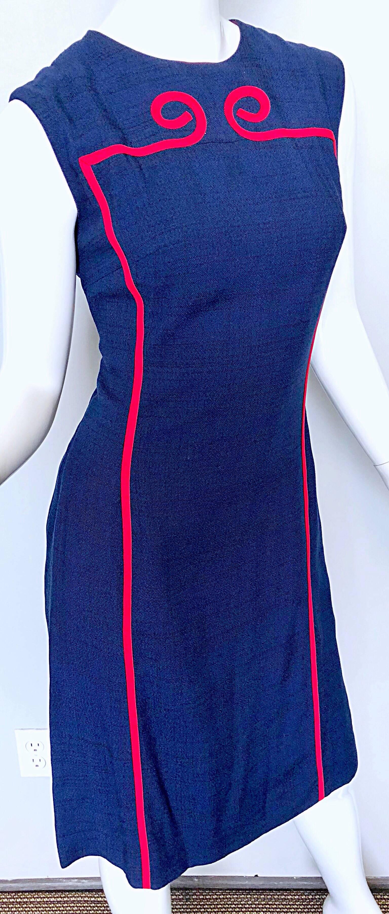 Joseph Magnin 1960s Navy Blue + Red Linen Silk Nautical Vintage 60s Shift Dress For Sale 1