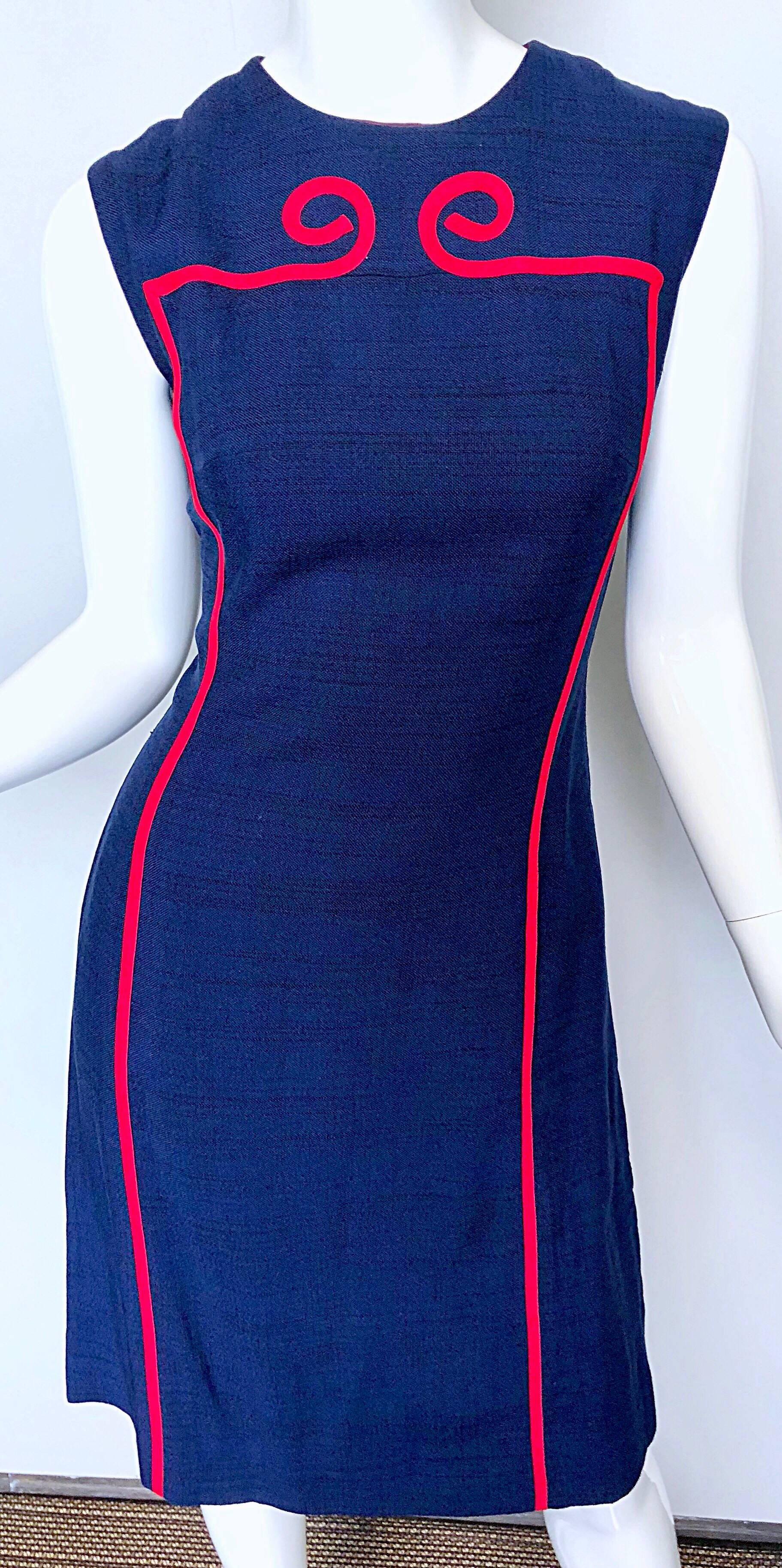 Joseph Magnin 1960s Navy Blue + Red Linen Silk Nautical Vintage 60s Shift Dress For Sale 2