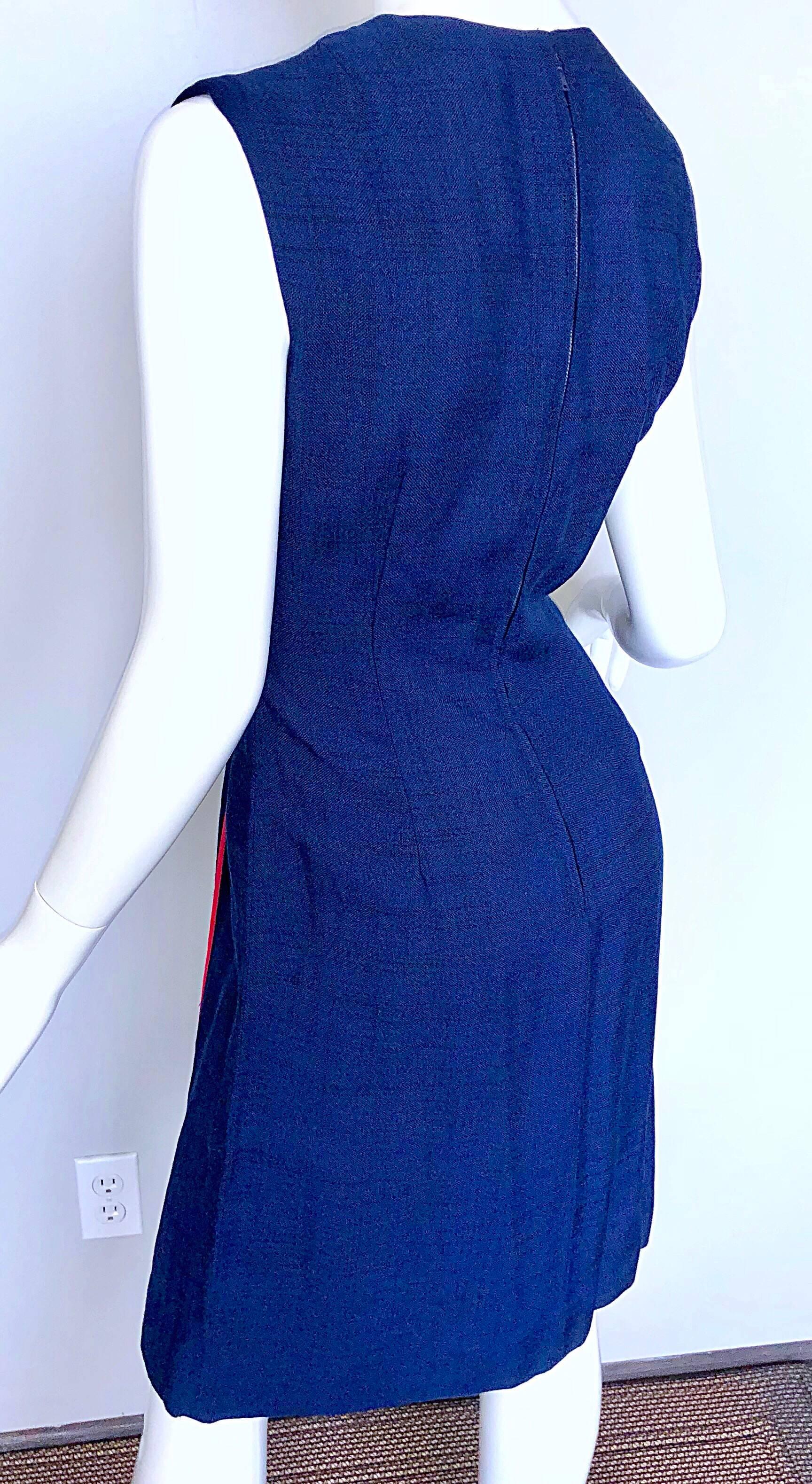 Joseph Magnin 1960s Navy Blue + Red Linen Silk Nautical Vintage 60s Shift Dress For Sale 3