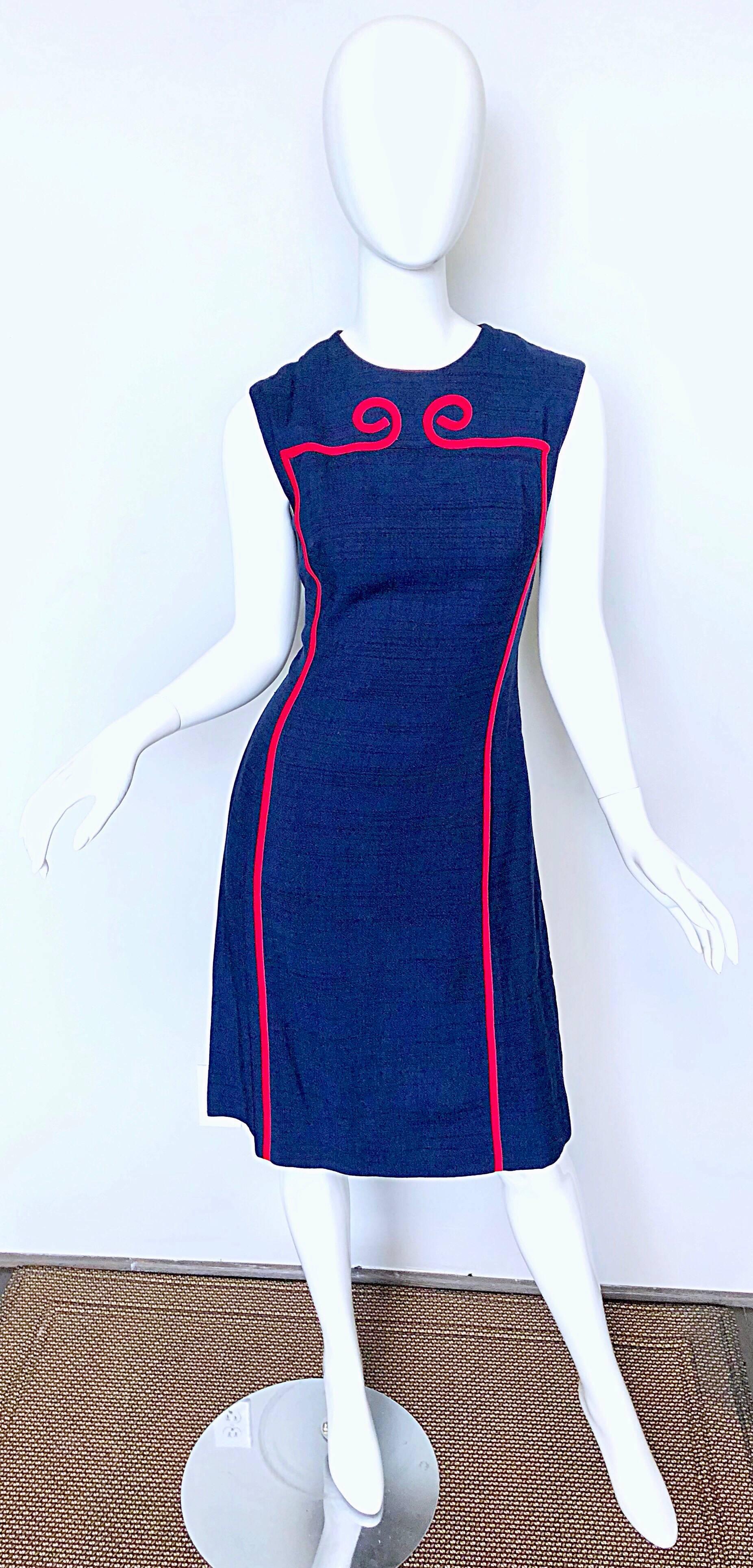 Joseph Magnin 1960s Navy Blue + Red Linen Silk Nautical Vintage 60s Shift Dress For Sale 4