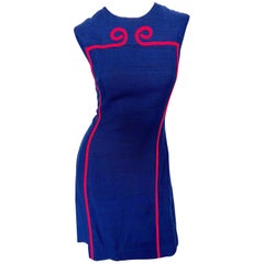 Joseph Magnin 1960s Navy Blue + Red Linen Silk Nautical Vintage 60s Shift Dress