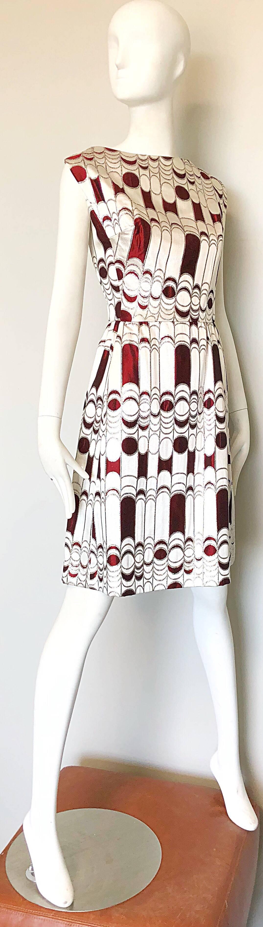 Joseph Magnin 1960s Silver + Burgundy Op - Art Abstract Silk 60s A - Line Dress 1