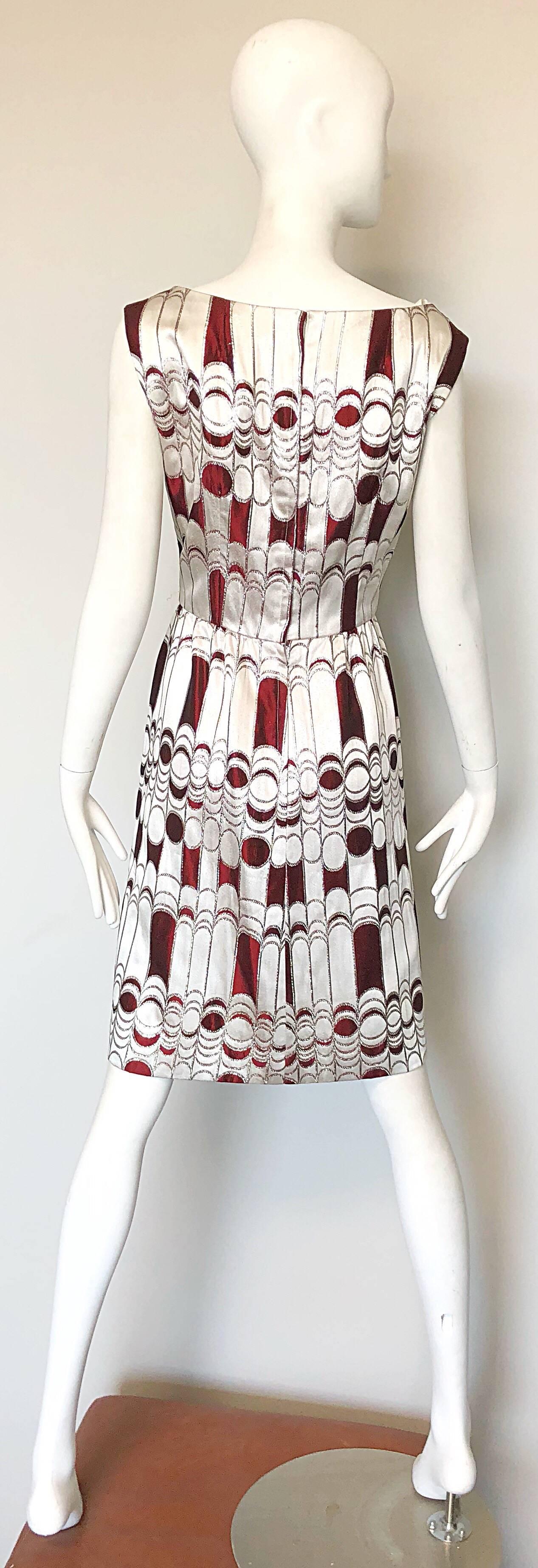 Joseph Magnin 1960s Silver + Burgundy Op - Art Abstract Silk 60s A - Line Dress 2
