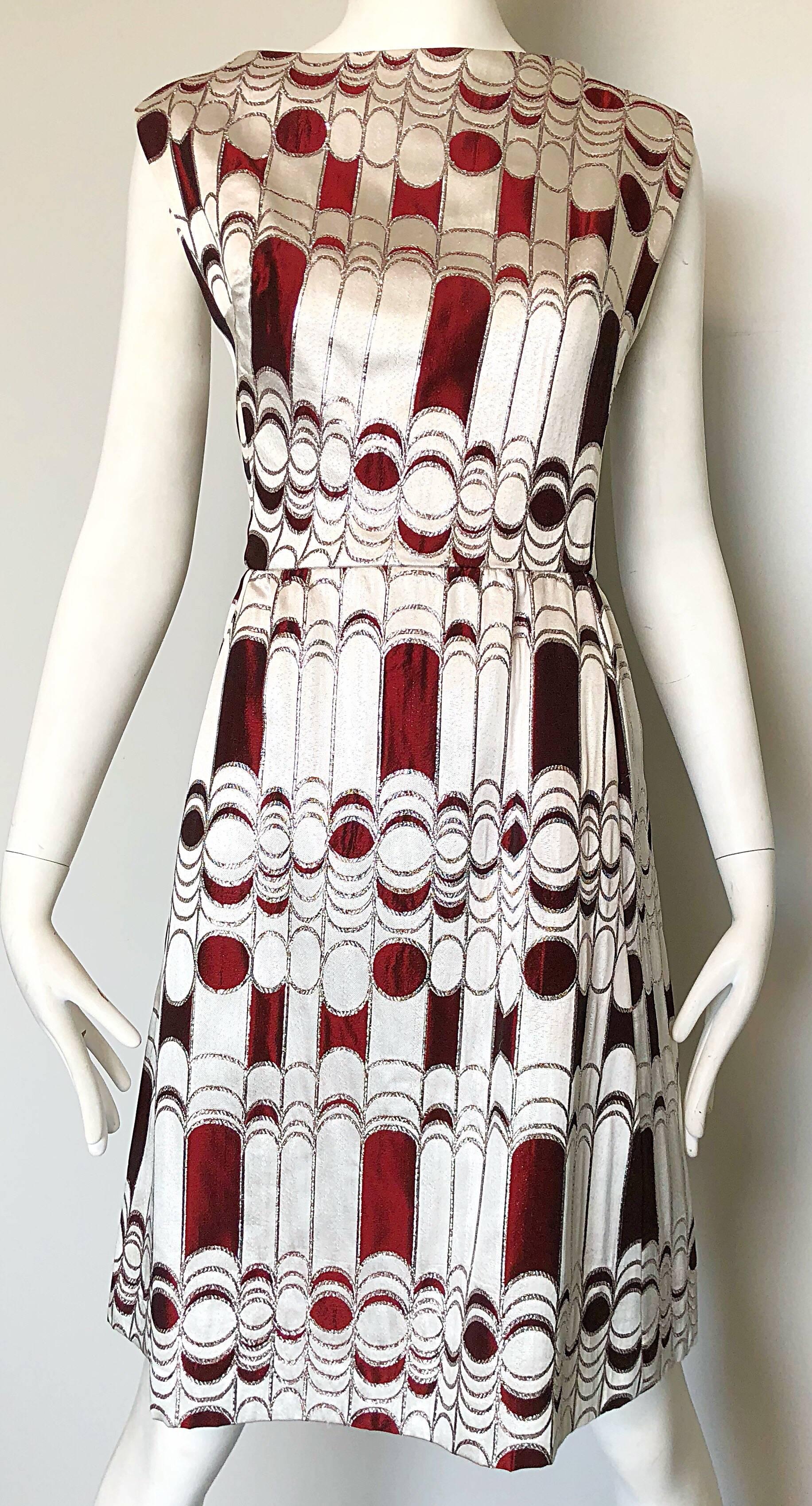 Joseph Magnin 1960s Silver + Burgundy Op - Art Abstract Silk 60s A - Line Dress 3