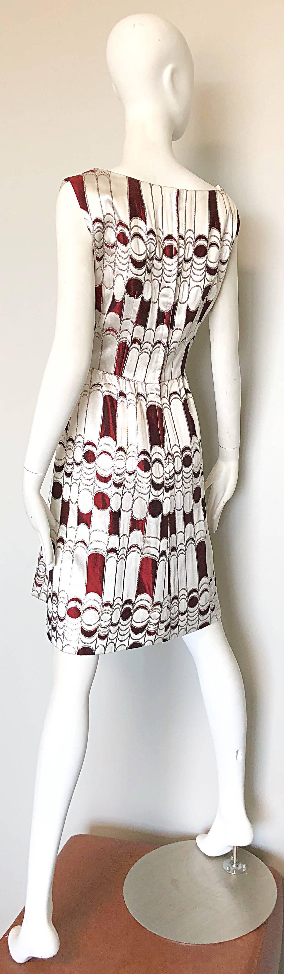 Joseph Magnin 1960s Silver + Burgundy Op - Art Abstract Silk 60s A - Line Dress 4