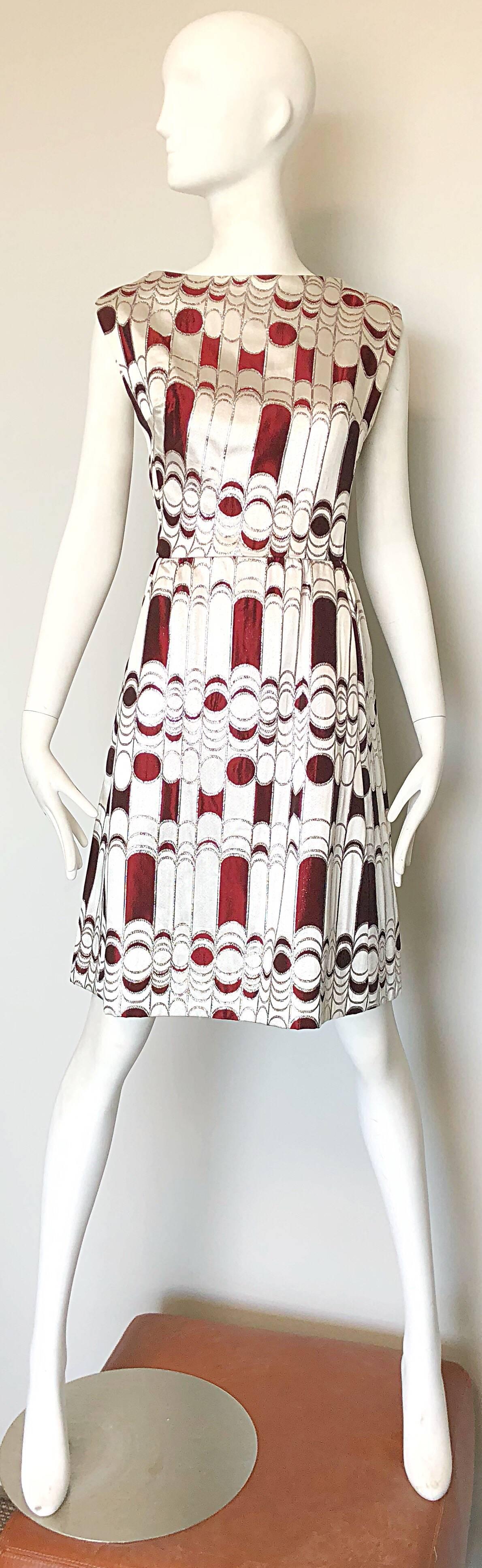 Joseph Magnin 1960s Silver + Burgundy Op - Art Abstract Silk 60s A - Line Dress 5