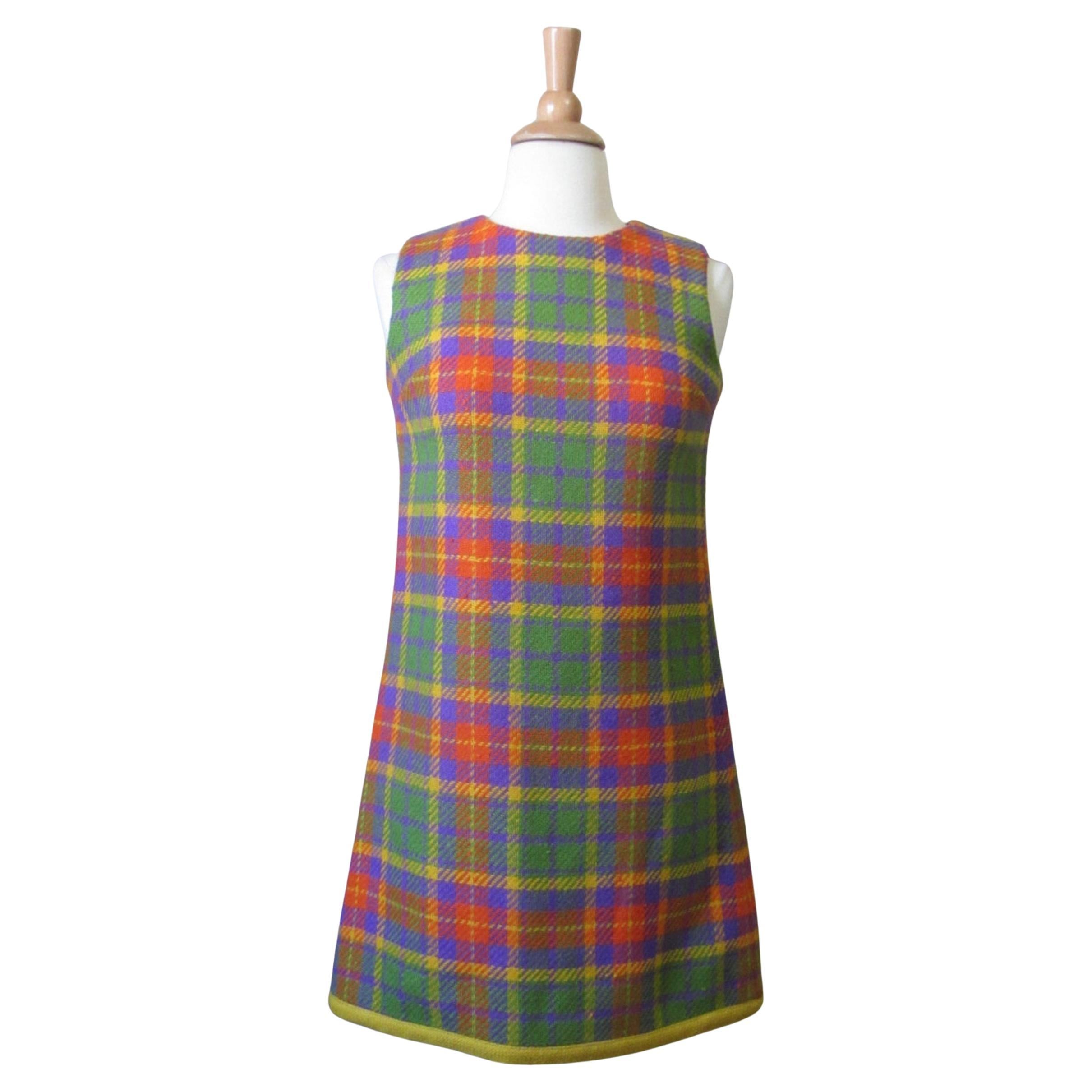 Joseph Magnin 1960s Vintage Tartan Plaid Mini Dress, Wool, XS Size