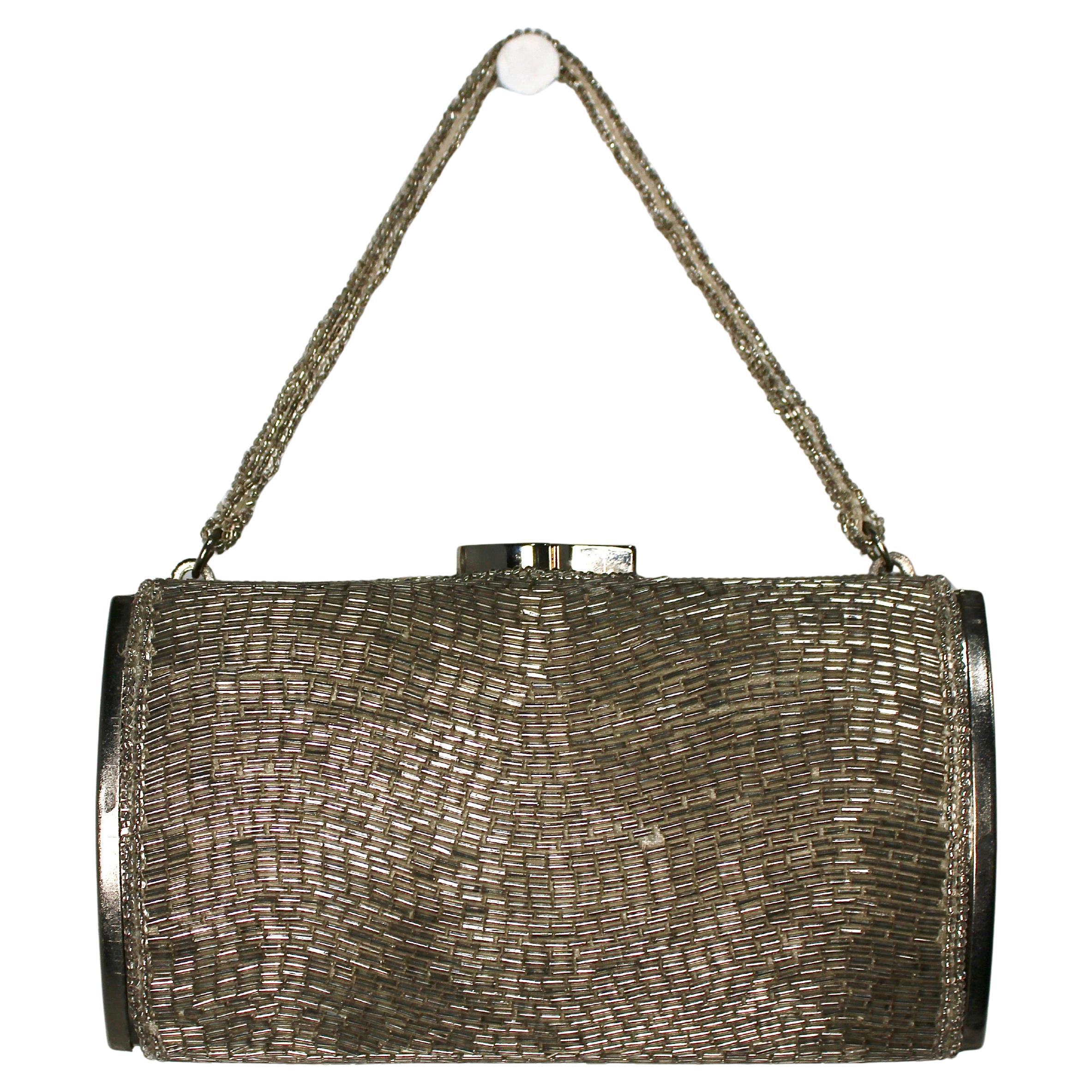 Joseph Magnin Co. Silver-Tone Beaded Cylindrical Mini Evening Bag circa 1960s Marrón en venta
