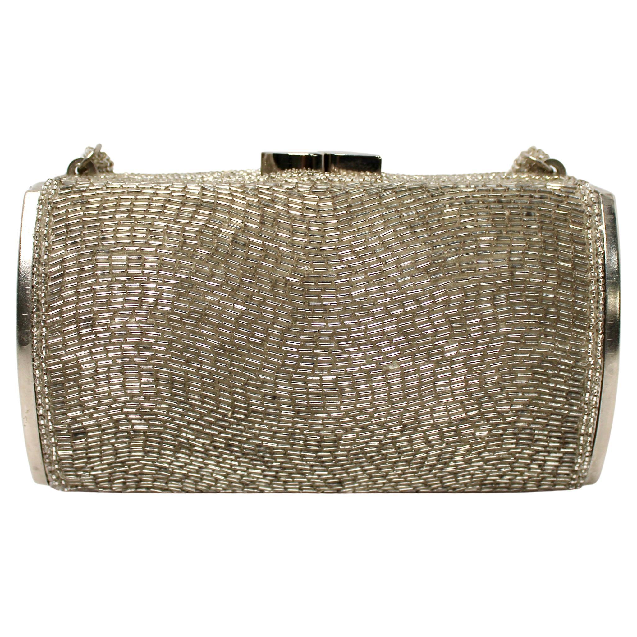 Joseph Magnin Co. Silver-Tone Beaded Cylindrical Mini Evening Bag circa 1960s en venta