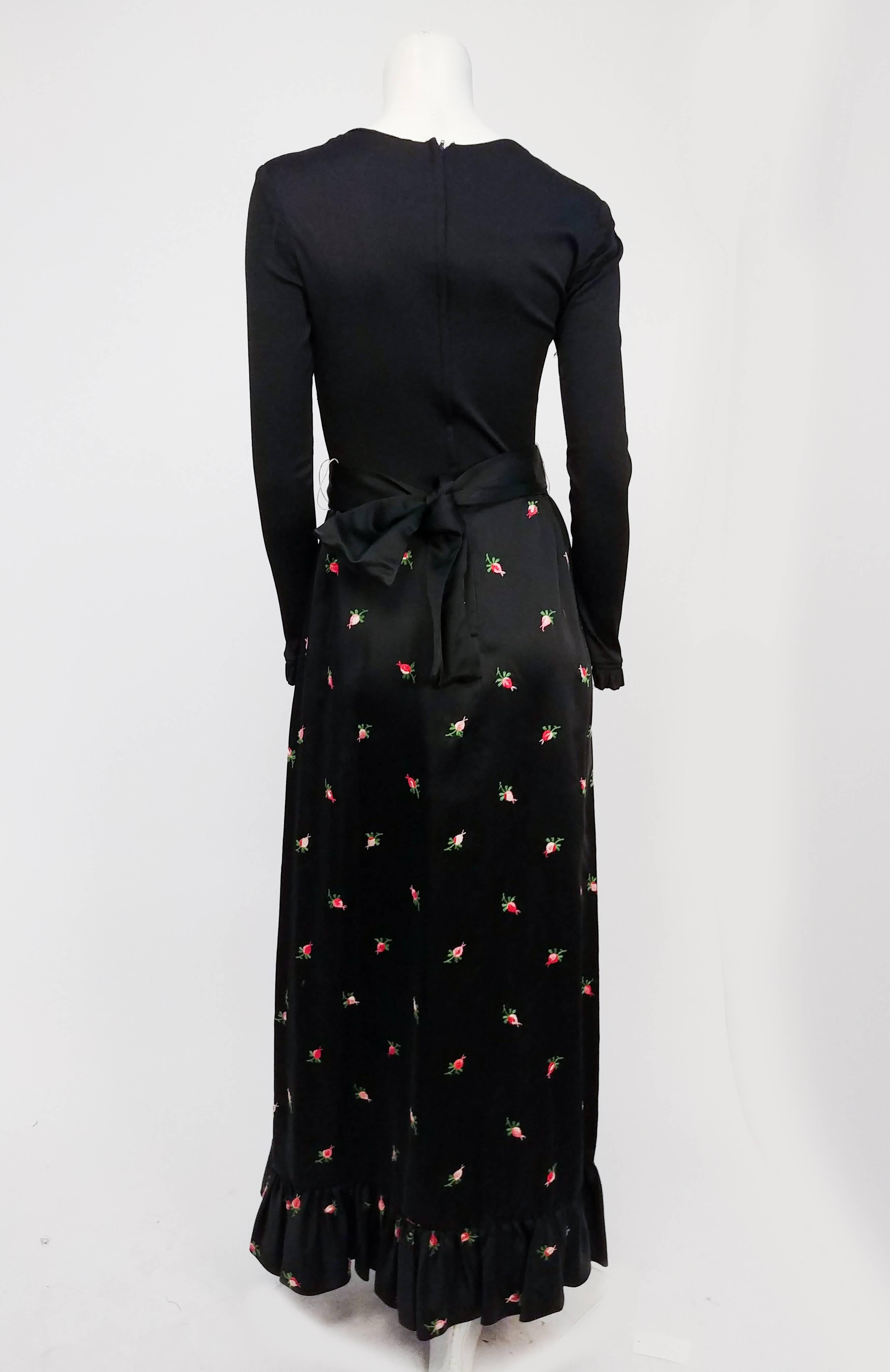 Black Joseph Magnin Embroidered Satin & Jersey Evening Dress, 1960s For Sale