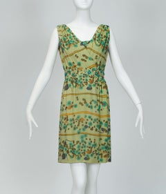 J Magnin Sleeveless Green Crystal Watercolor Mini Shift Dress – M, 1960s