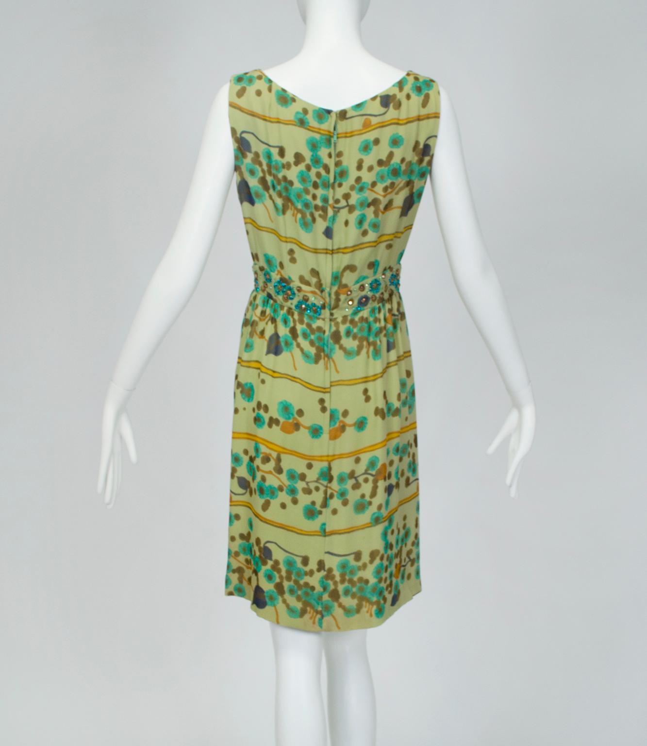 Women's J Magnin Sleeveless Green Crystal Watercolor Mini Shift Dress – M, 1960s For Sale