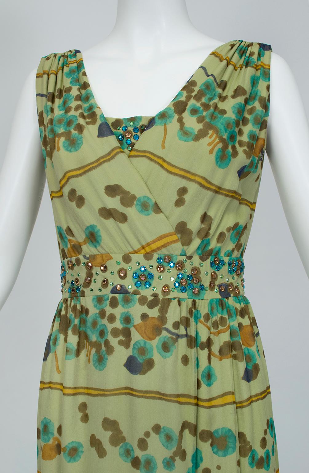 J Magnin Sleeveless Green Crystal Watercolor Mini Shift Dress – M, 1960s For Sale 1