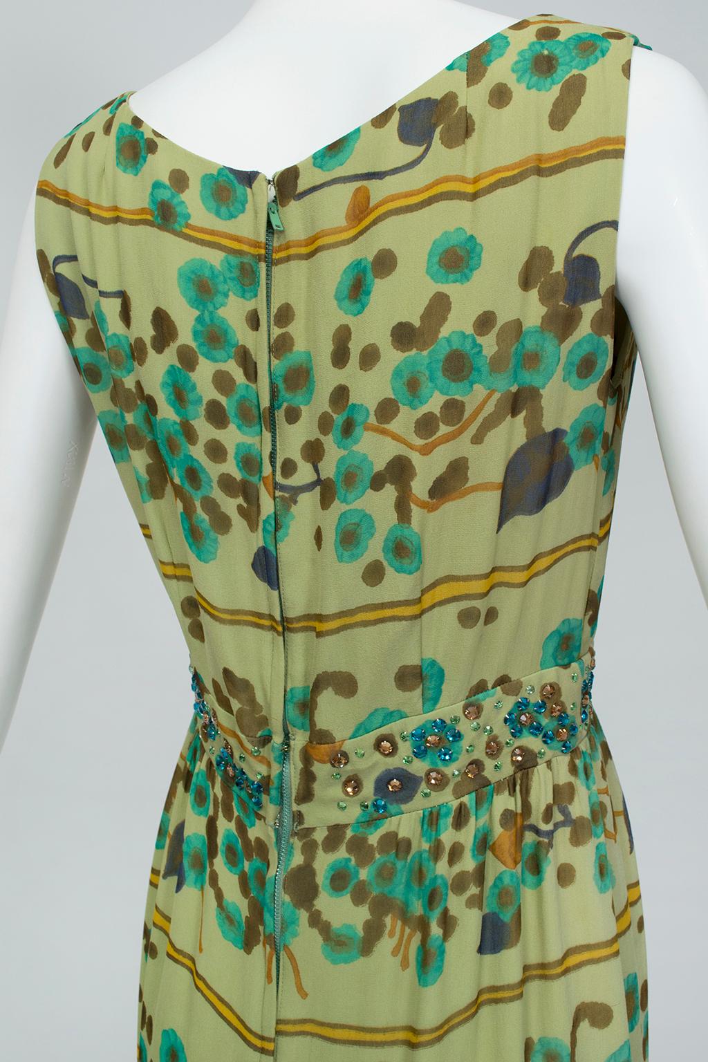 J Magnin Sleeveless Green Crystal Watercolor Mini Shift Dress – M, 1960s For Sale 2