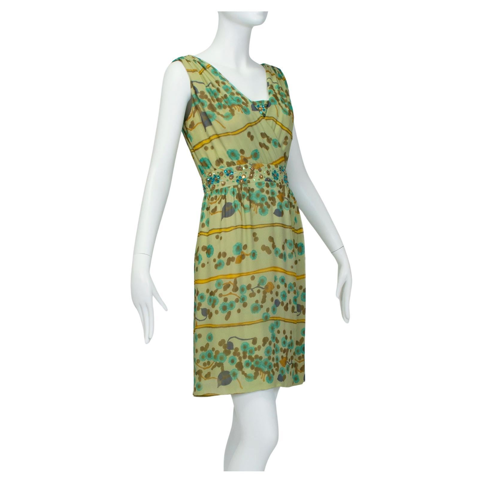 J Magnin Sleeveless Green Crystal Watercolor Mini Shift Dress – M, 1960s For Sale