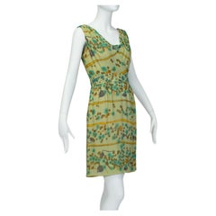 J Magnin Sleeveless Spring Green Watercolor and Gemstone Shift Dress – M, 1960s