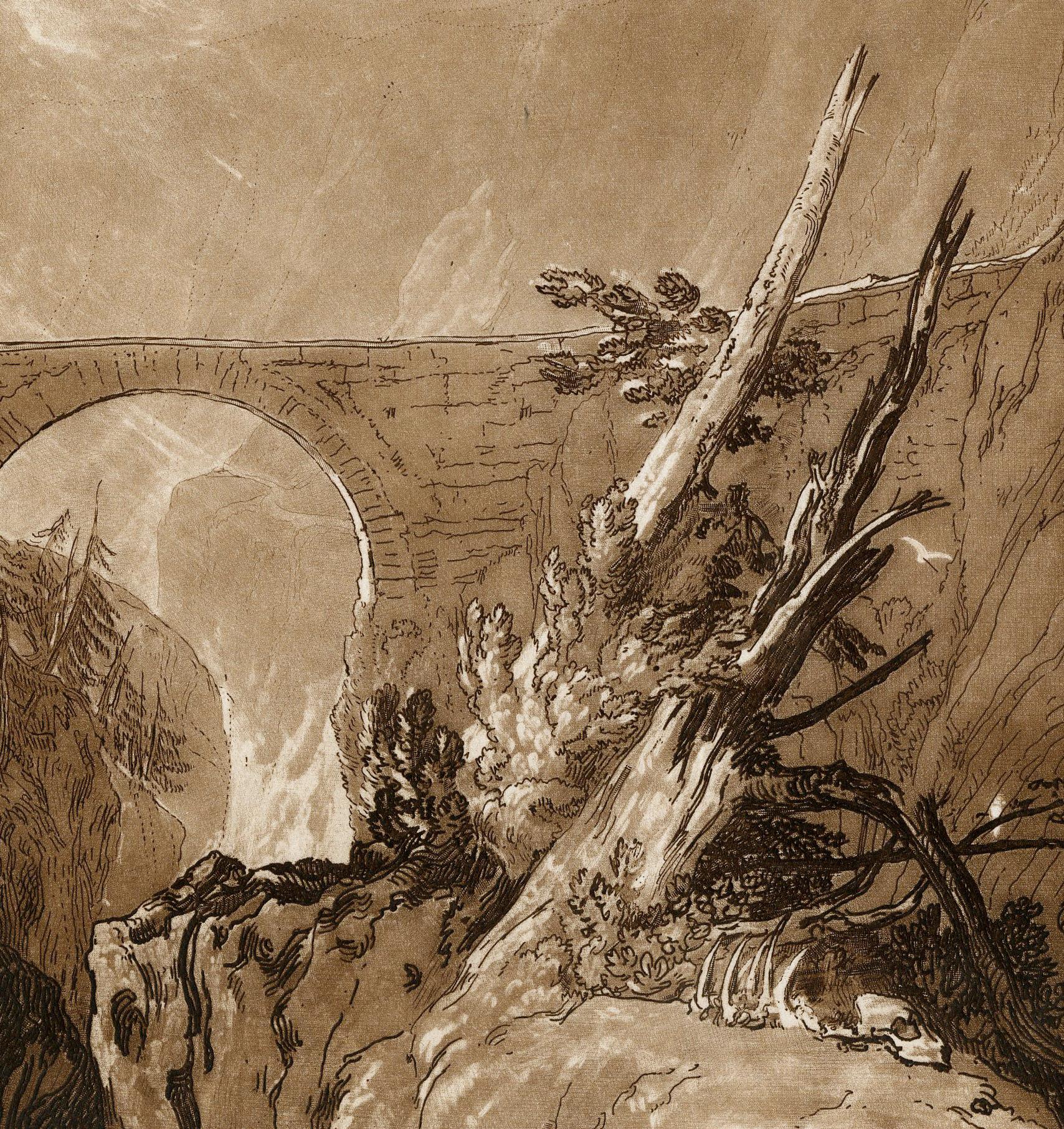Puente de los Diablillos sobre el Russ, por encima del Alt Dorft suizo - Landscape Print Beige de Joseph Mallord William Turner