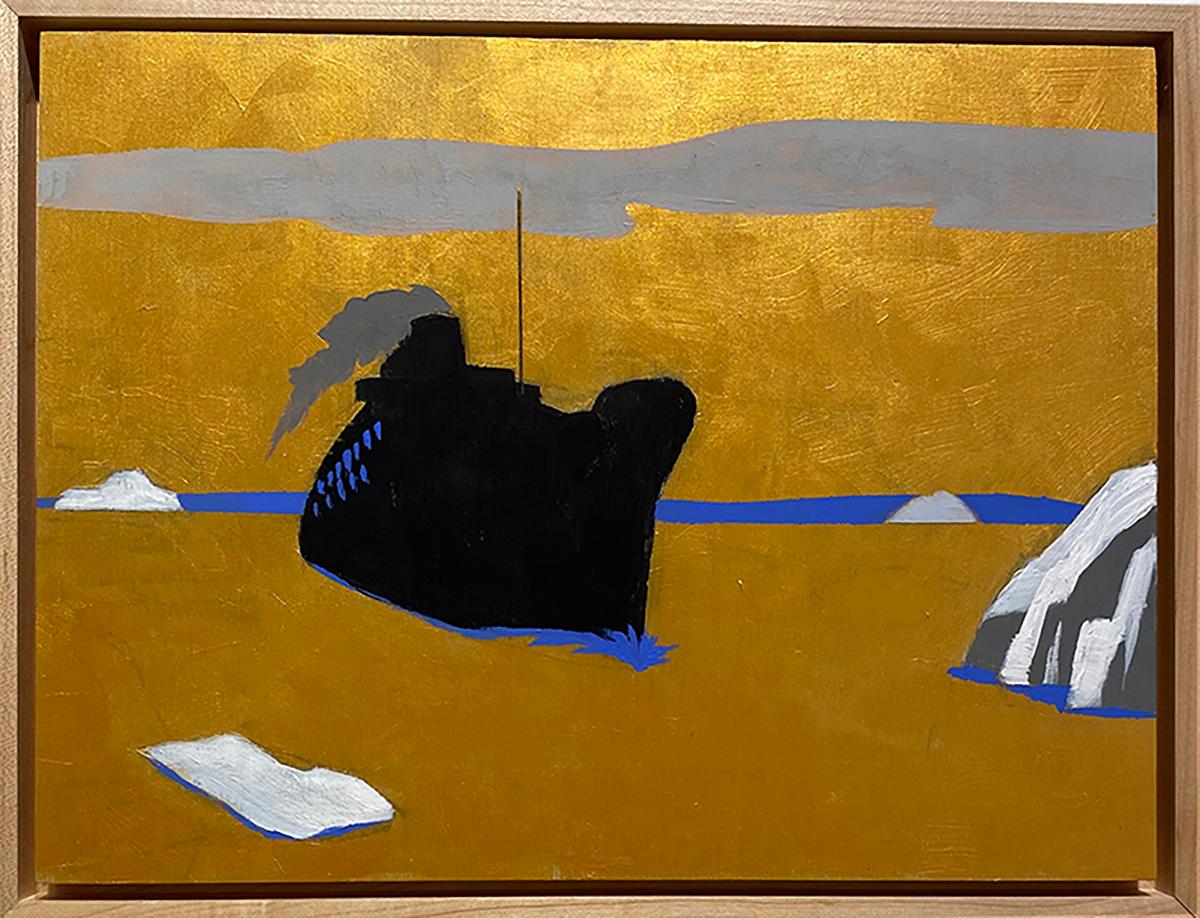 All's Well: Graphic Black and Gold Painting of Steamship with the Icebergs