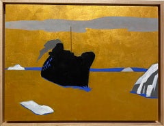 All's Well: Graphic Black and Gold Painting of Steamship with the Icebergs