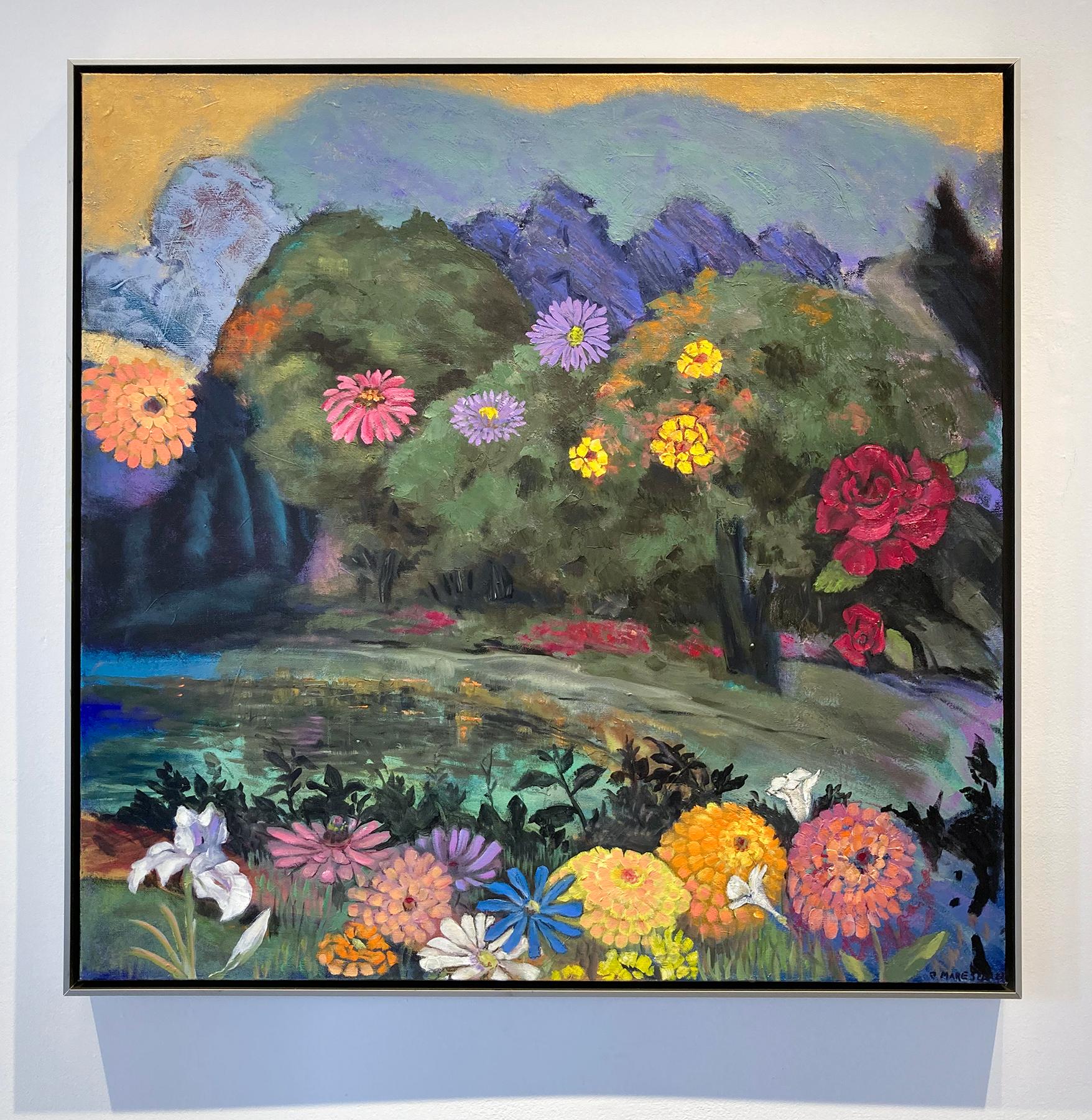 Giardino incantato (Natura morta di fiori in un paesaggio di campagna, pittura a olio) - Painting di Joseph Maresca