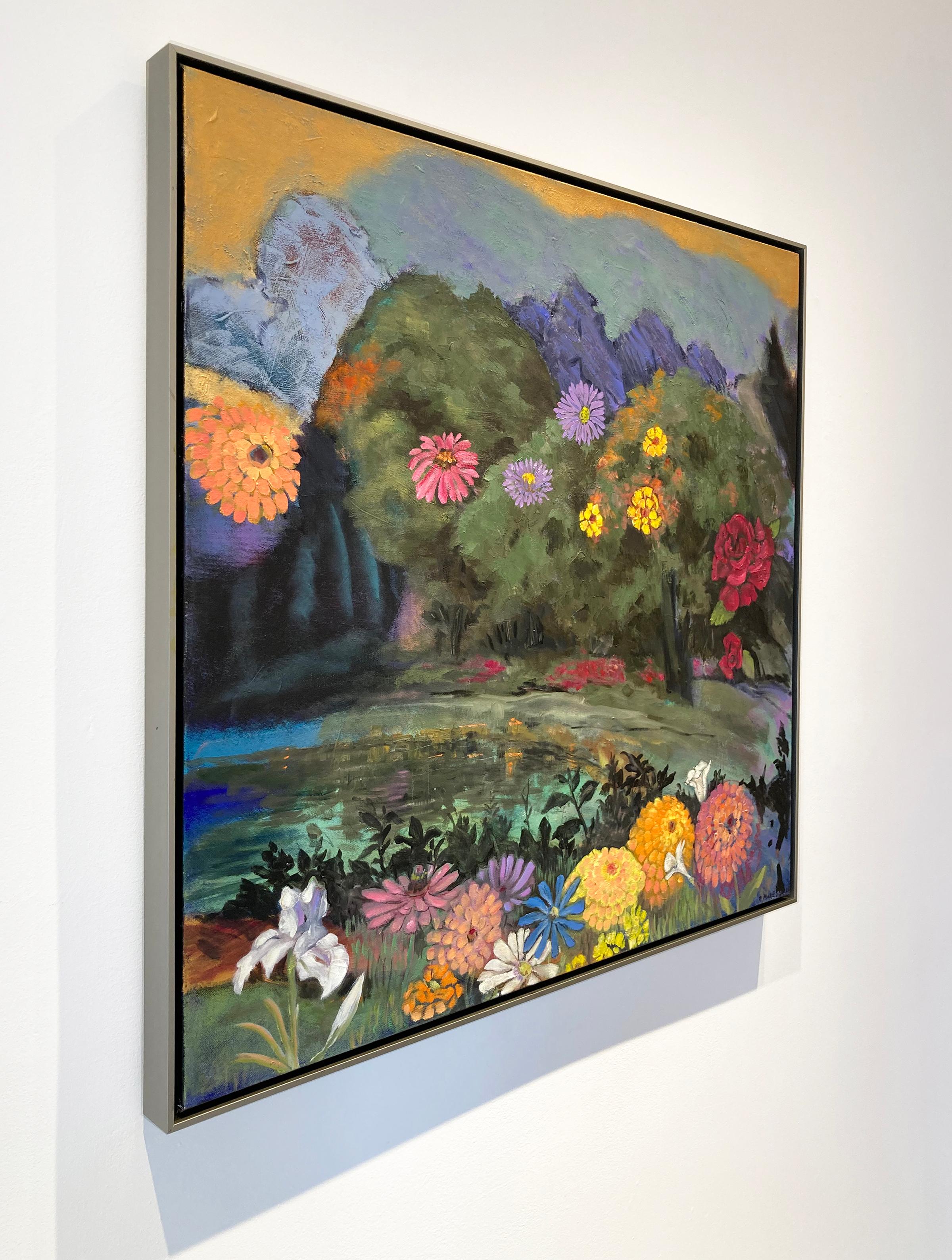 Giardino incantato (Natura morta di fiori in un paesaggio di campagna, pittura a olio) - Painting Moderno di Joseph Maresca