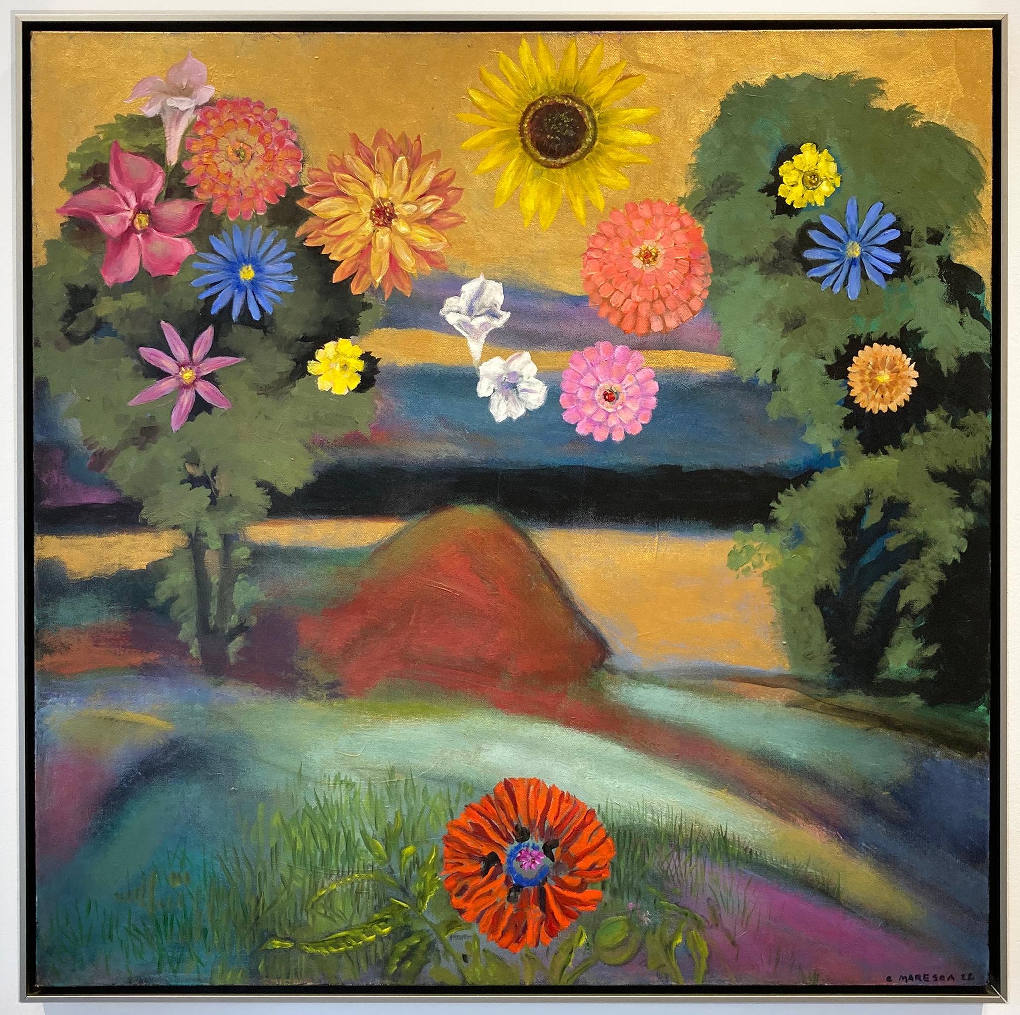 Flower Shower (Landschafts- Flusslandschaft mit leuchtenden Blumen, Ölgemälde) 