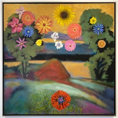 Douche de fleurs (Paysage de rivière de campagne avec fleurs lumineuses, peinture à l'huile)