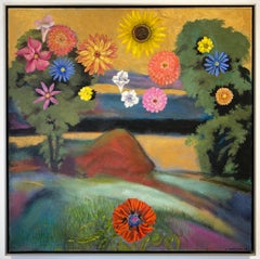 Douche de fleurs (Paysage de rivière de campagne avec fleurs lumineuses, peinture à l'huile) 