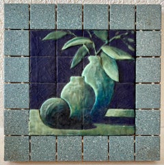 Vintage Joseph Maresca Encaustic Wax Oil Painting and Tile On Board Still Life w Fruit