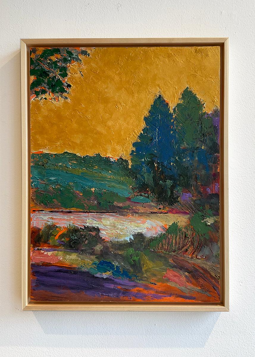Pond (Contemporary Fauvist Landscape of Mountains & Boat on Hudson River) - Painting by Joseph Maresca