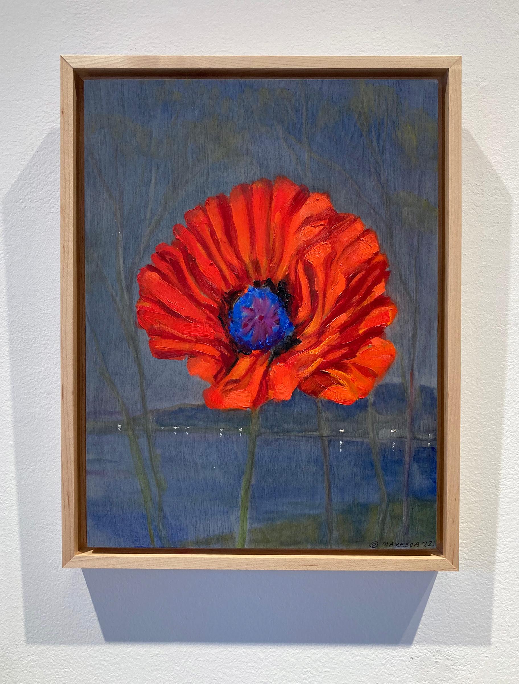 Papavero d'inverno (Natura morta di un papavero rosso e paesaggio blu) - Painting di Joseph Maresca
