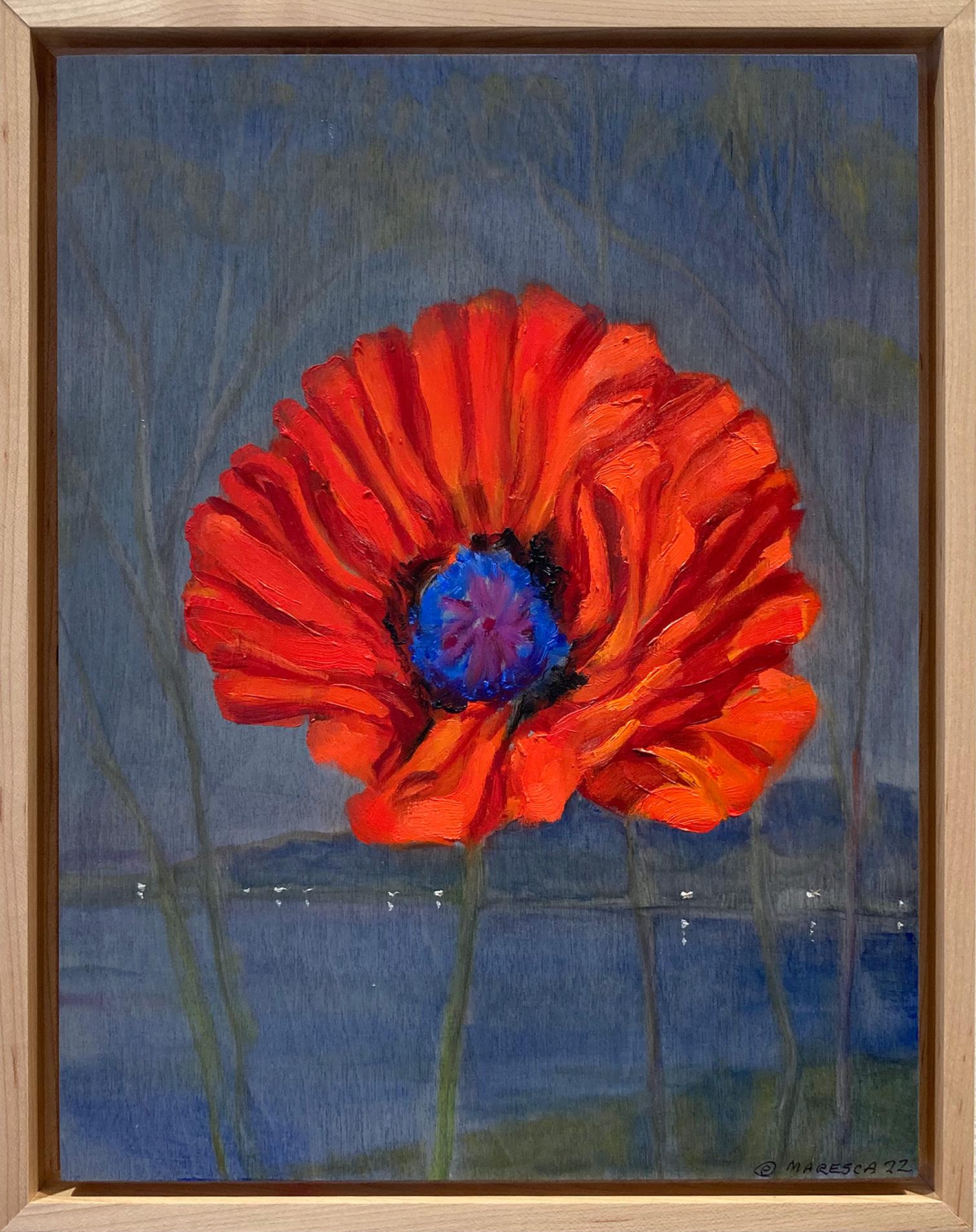 Joseph Maresca Landscape Painting - Winter Poppy (Still Life Painting of a Red Poppy and Blue Landscape) 
