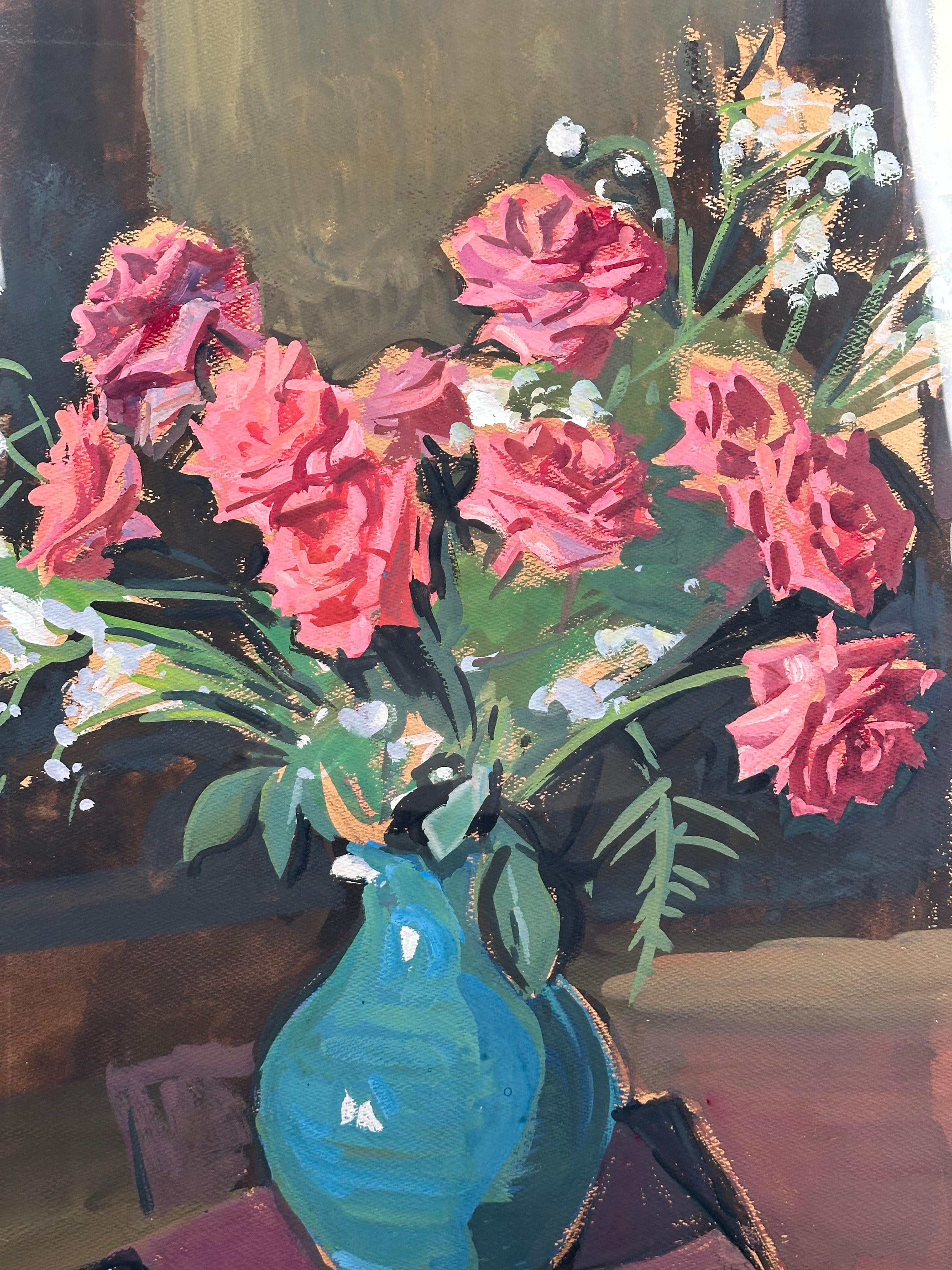 Impressionist Floral Still Life Painting with Roses For Sale 5