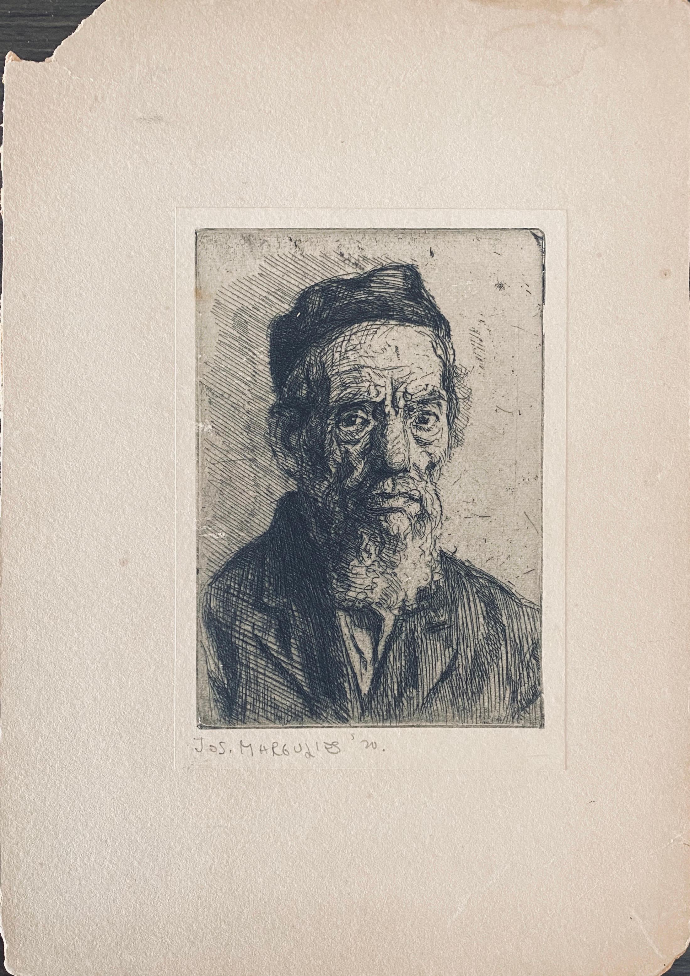 1920 Austrian American Artist Judaica Portrait Etching Jewish Rabbi Antique Art - Gray Portrait Print by Joseph Margulies