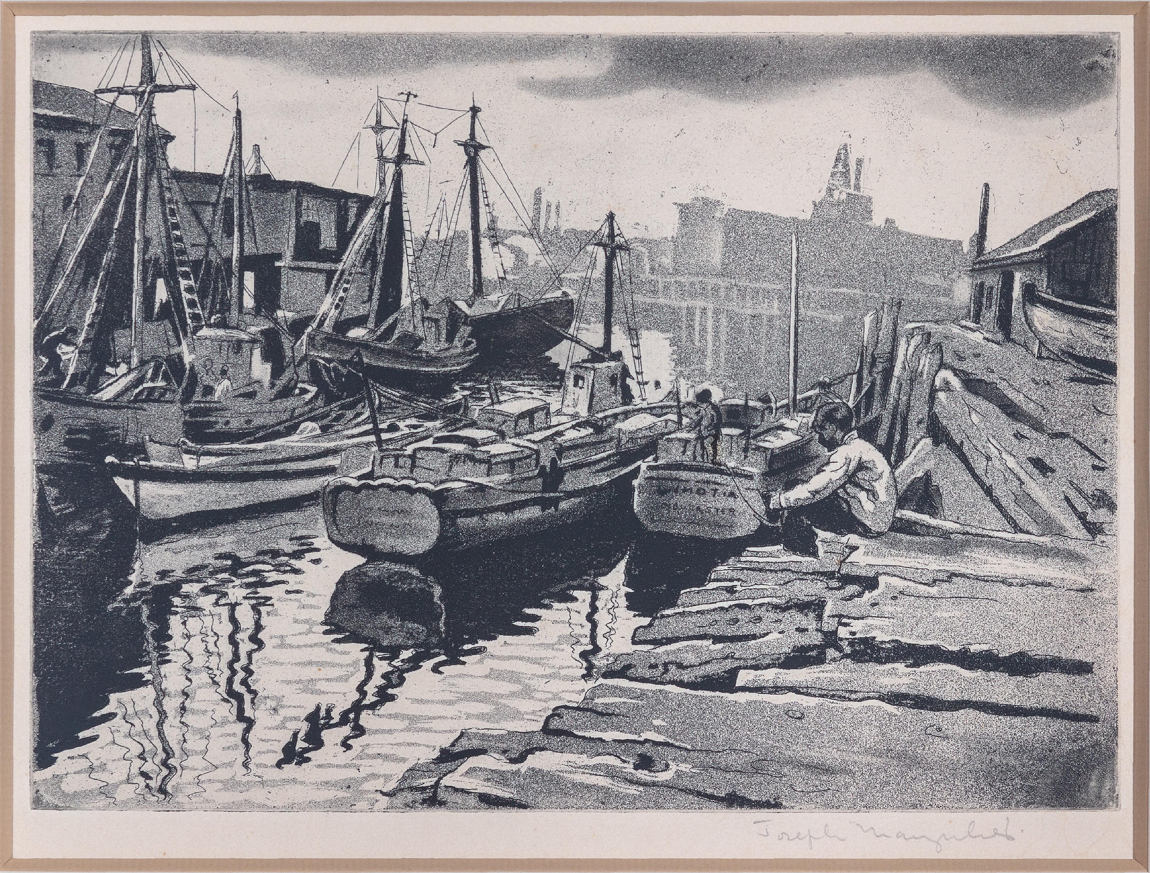 Noir et blanc Gravure Voyage 1930's Réalisme Eau Industriel Extérieur Signé - Print de Joseph Margulies