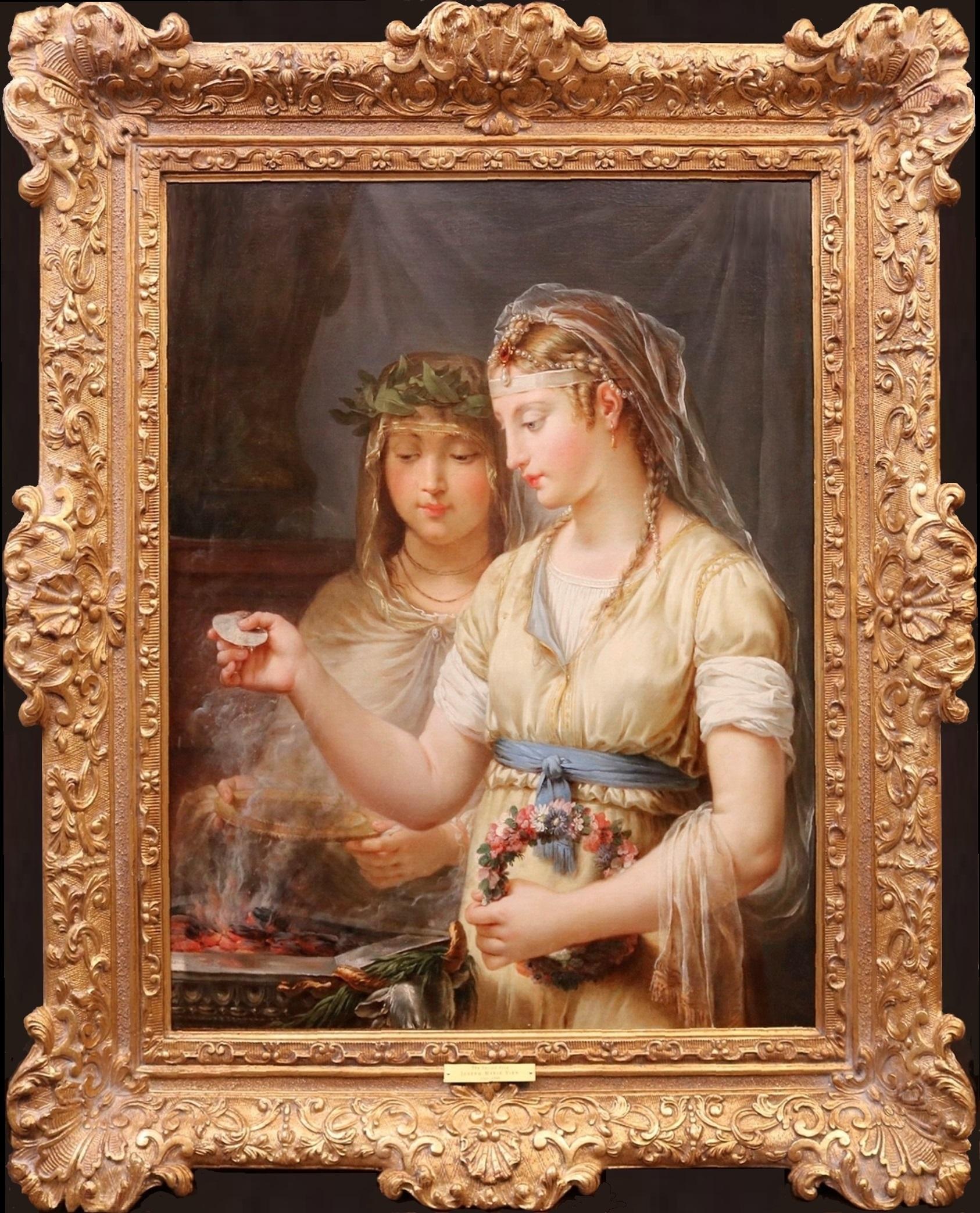 Portrait Painting di Joseph-Marie Vien - Il fuoco della paura nell'antica Roma - Pittura ad olio del XIX secolo con le vergini vestali
