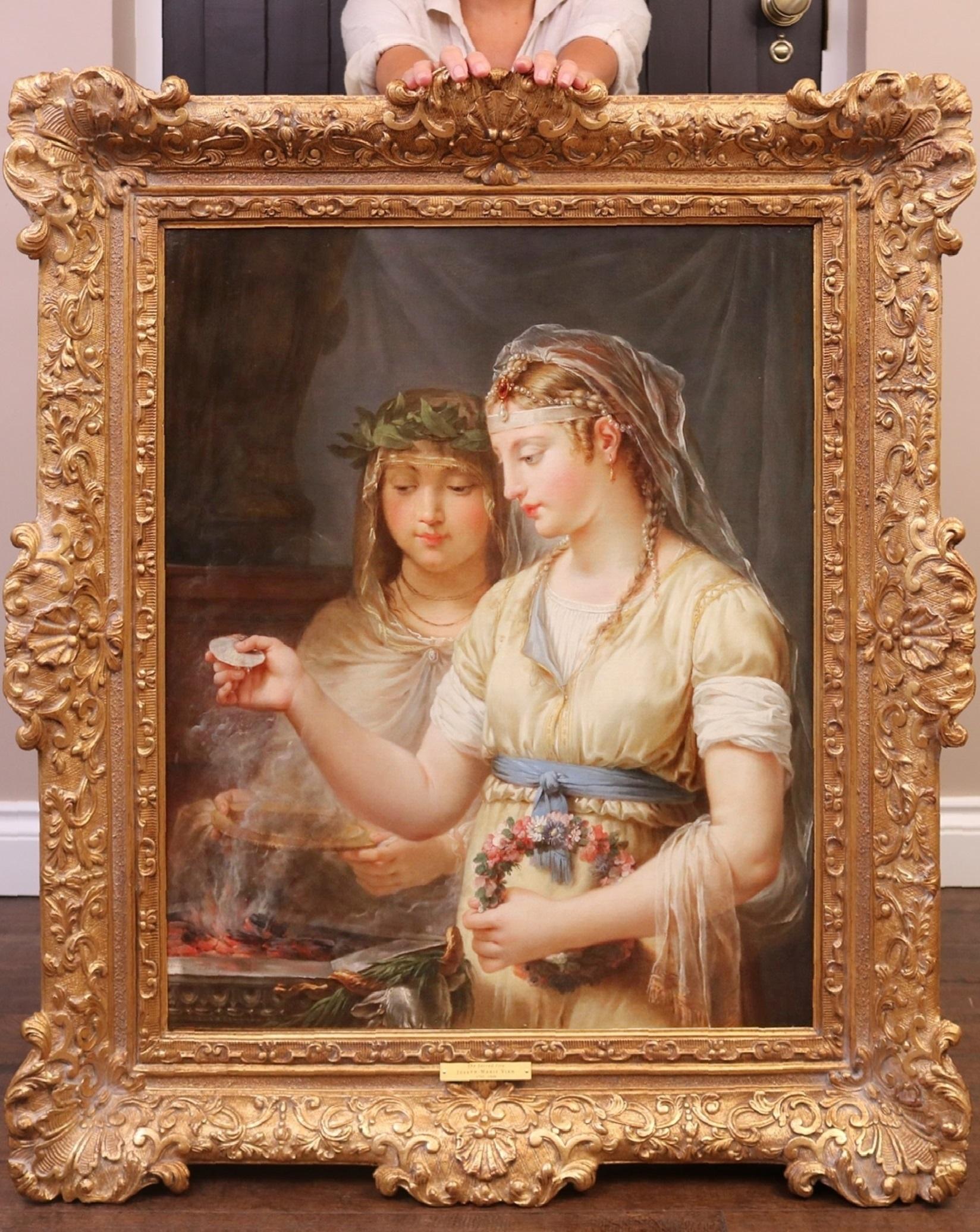 Il fuoco della paura nell'antica Roma - Pittura ad olio del XIX secolo con le vergini vestali - Painting di Joseph-Marie Vien
