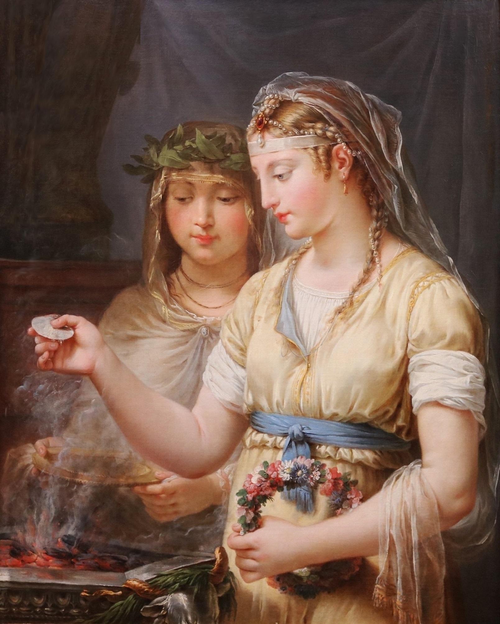 Il fuoco della paura nell'antica Roma - Pittura ad olio del XIX secolo con le vergini vestali - Painting Scuola francese di Joseph-Marie Vien