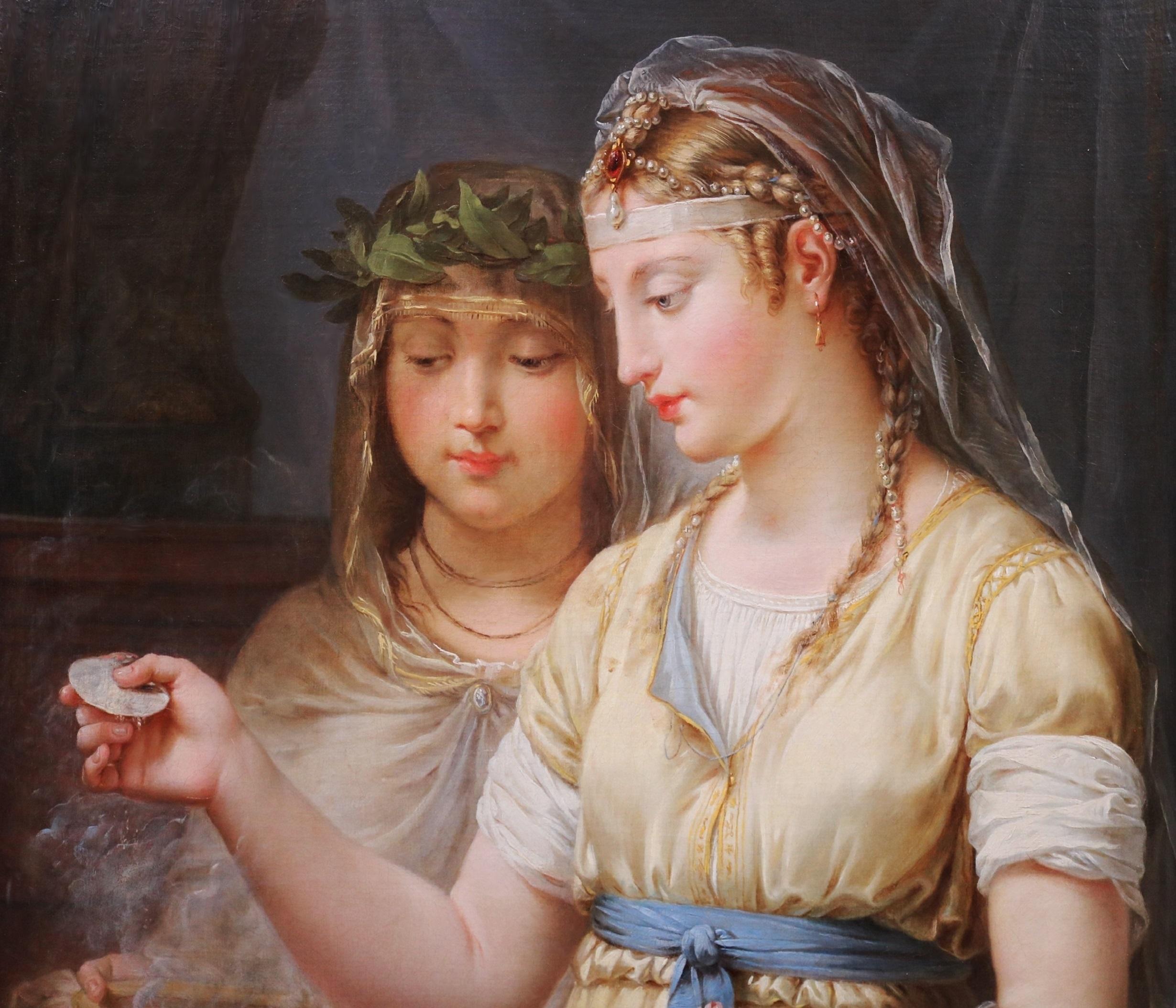 Il fuoco della paura nell'antica Roma - Pittura ad olio del XIX secolo con le vergini vestali - Figurative Painting Marrone di Joseph-Marie Vien