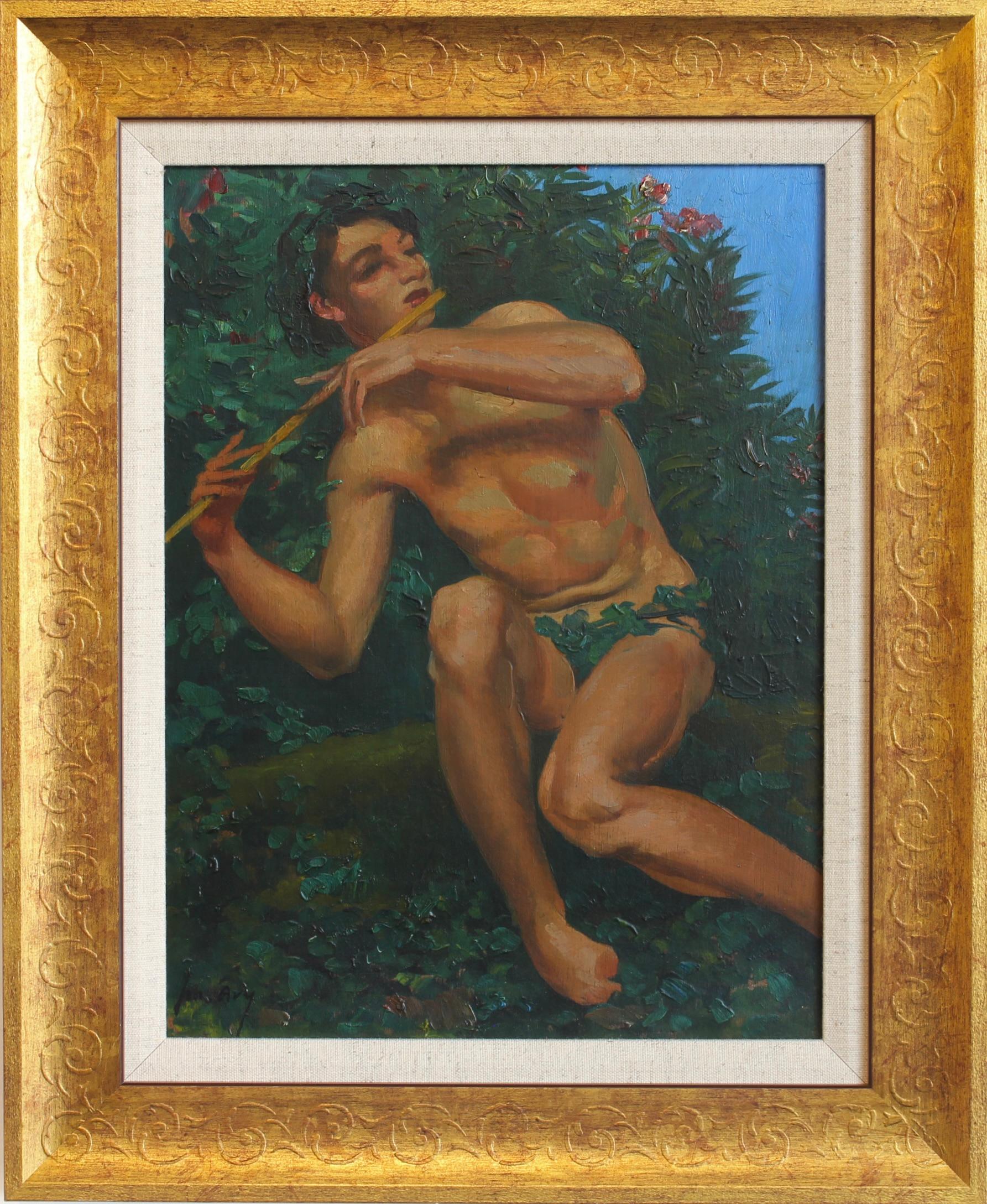 Le jeune berger à la flûte de Pan, huile sur bois, encadrée, CIRCA les années 1920
