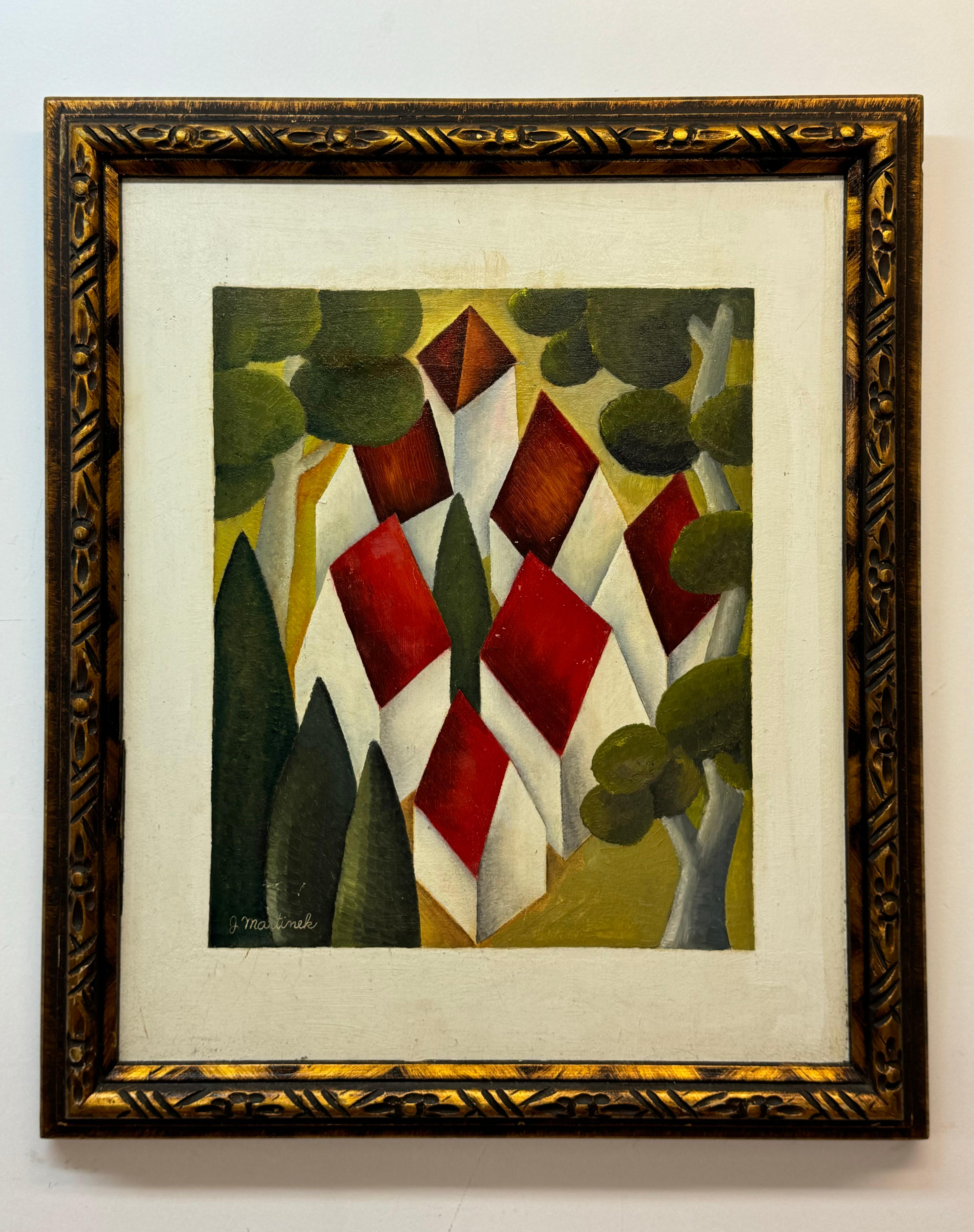 Joseph Martinek (American/check, 1915-1989). Cubist style landscape of trees and houses. Oil on Masonite. 16 x 20 unframed, 22.75 x 26.75 framed
