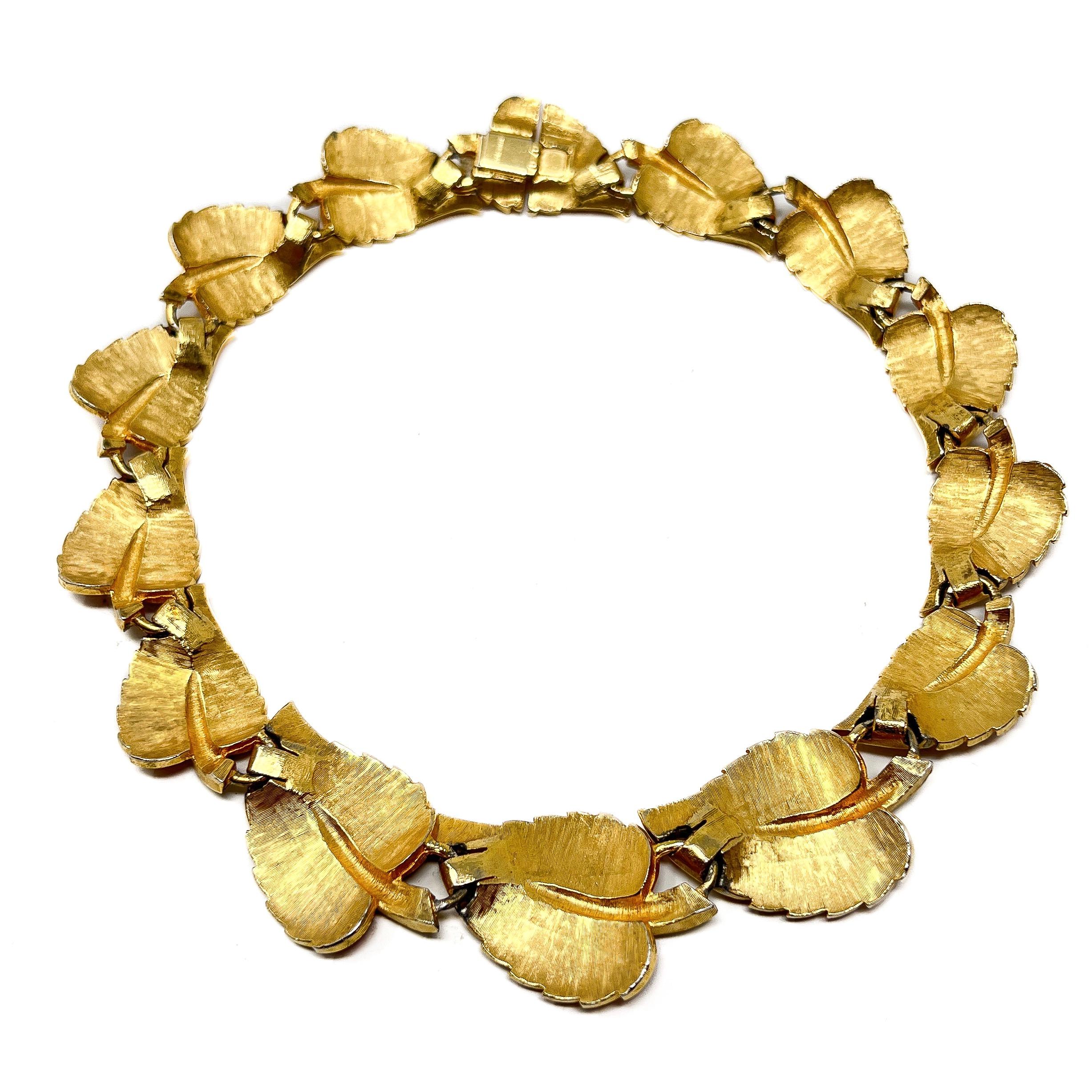 Joseph Mazer (Jomaz) Mid-Century Enamel and Rhinestones Vintage Leaves Necklace For Sale 1