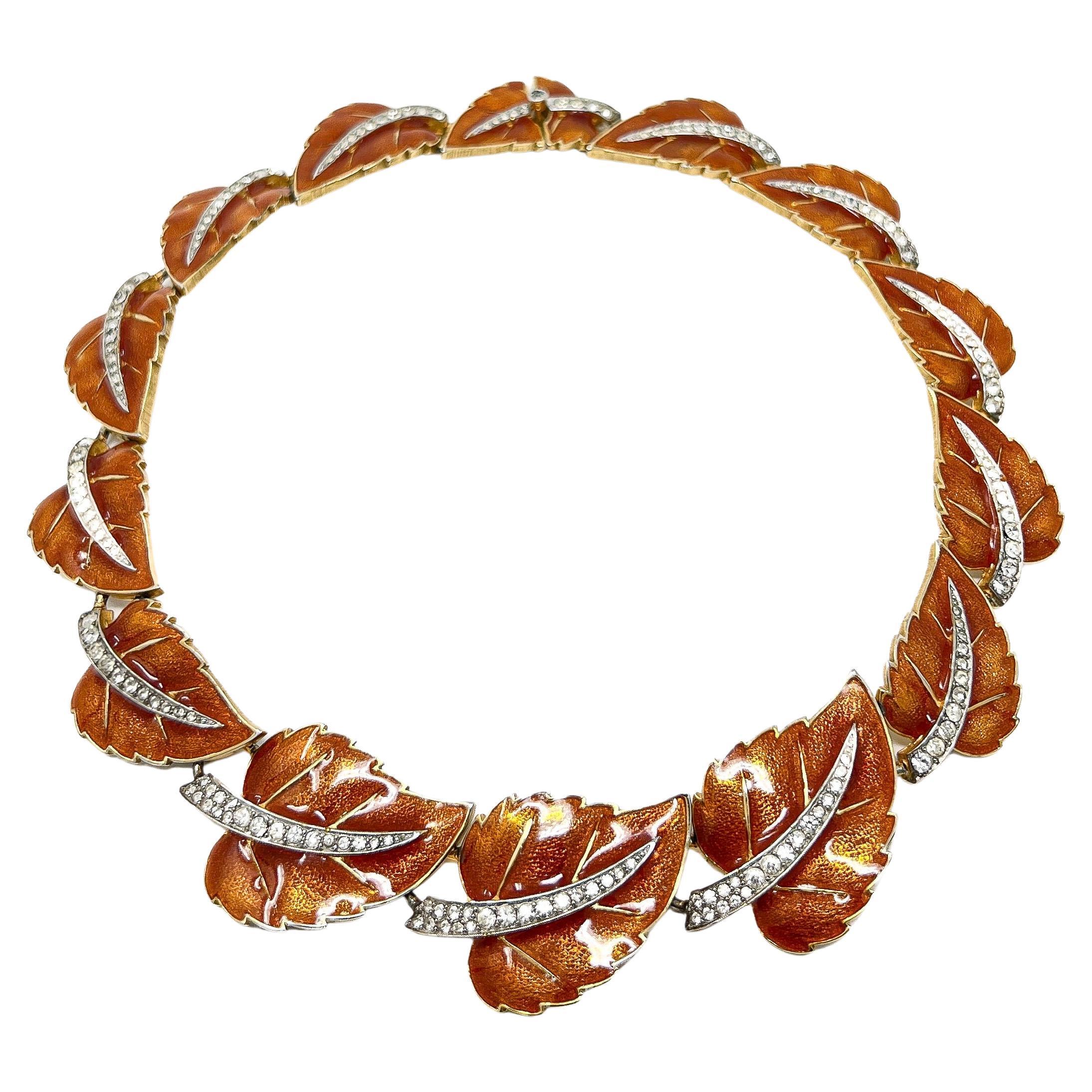 Joseph Mazer (Jomaz) Mid-Century Enamel and Rhinestones Vintage Leaves Necklace For Sale