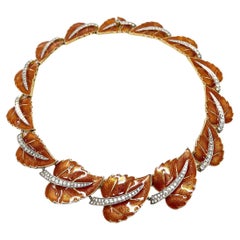 Joseph Mazer (Jomaz) Mid-Century Enamel and Rhinestones Vintage Leaves Necklace