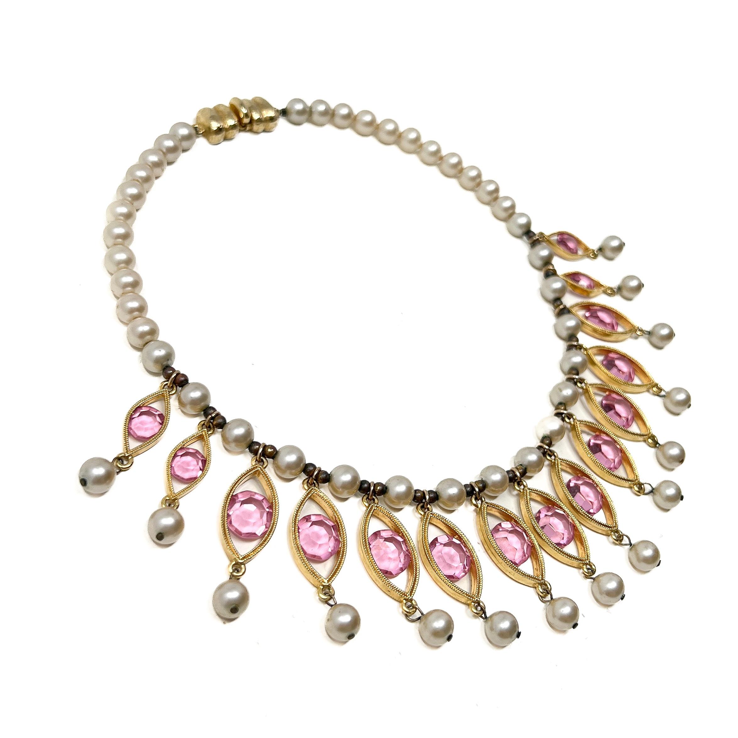 Women's Joseph Mazer (Jomaz) Mid-Century Faux Pearl and Pink Glass Vintage Necklace