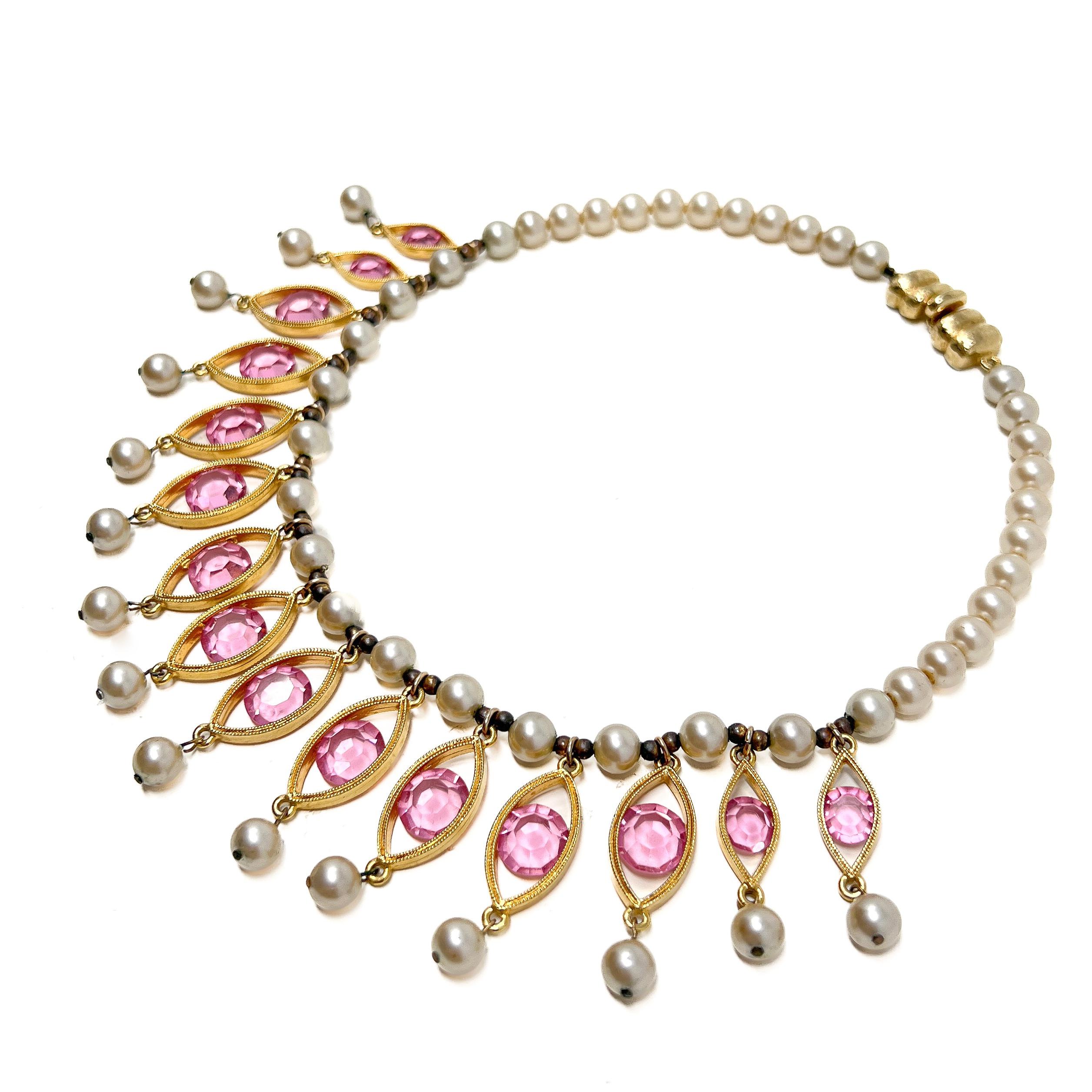 Joseph Mazer (Jomaz) Mid-Century Faux Pearl and Pink Glass Vintage Necklace 1