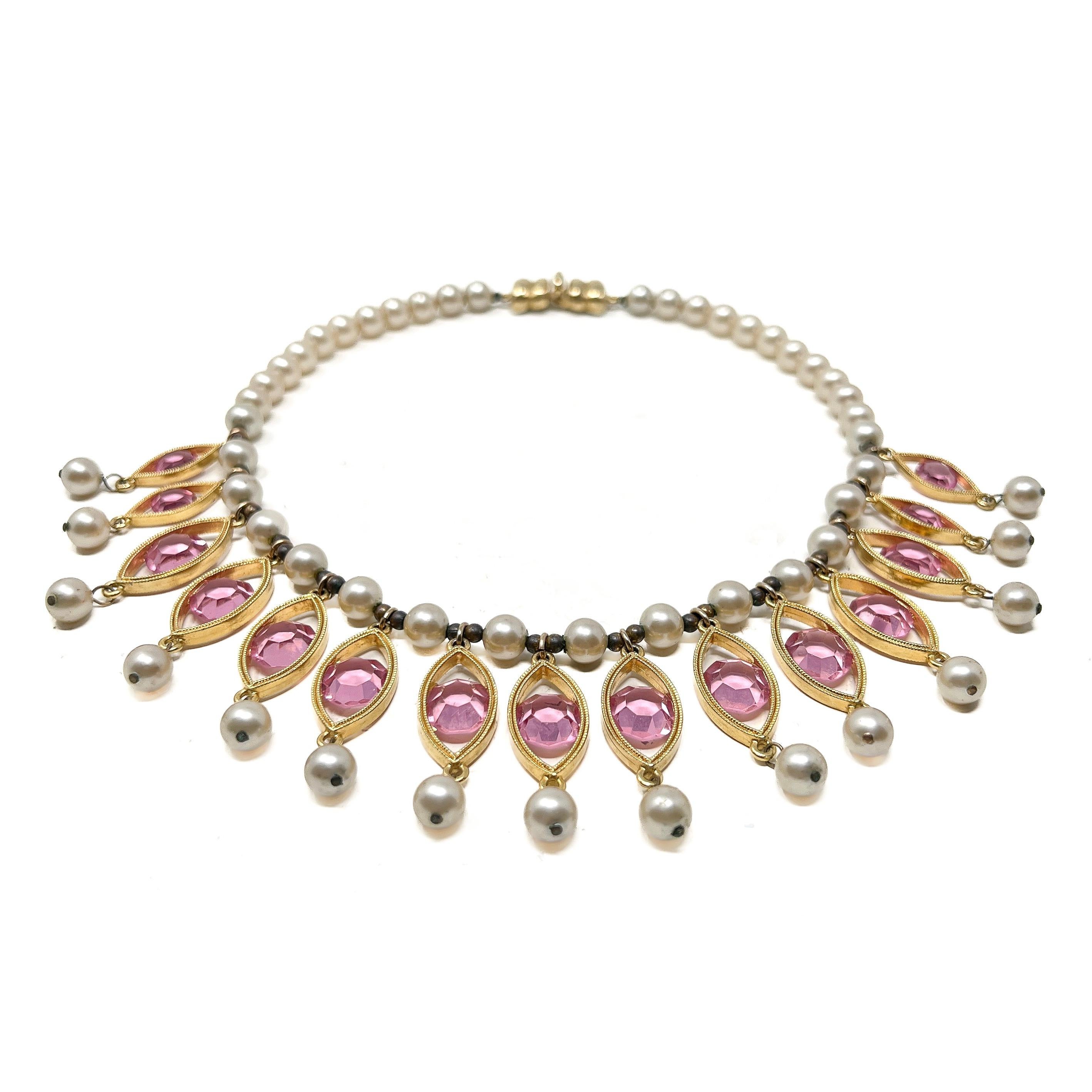 Joseph Mazer (Jomaz) Mid-Century Faux Pearl and Pink Glass Vintage Necklace 2