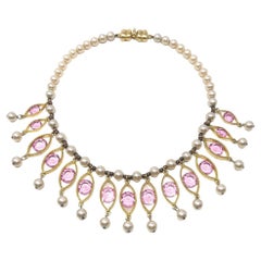 Joseph Mazer (Jomaz) Mid-Century Faux Pearl and Pink Glass Vintage Necklace