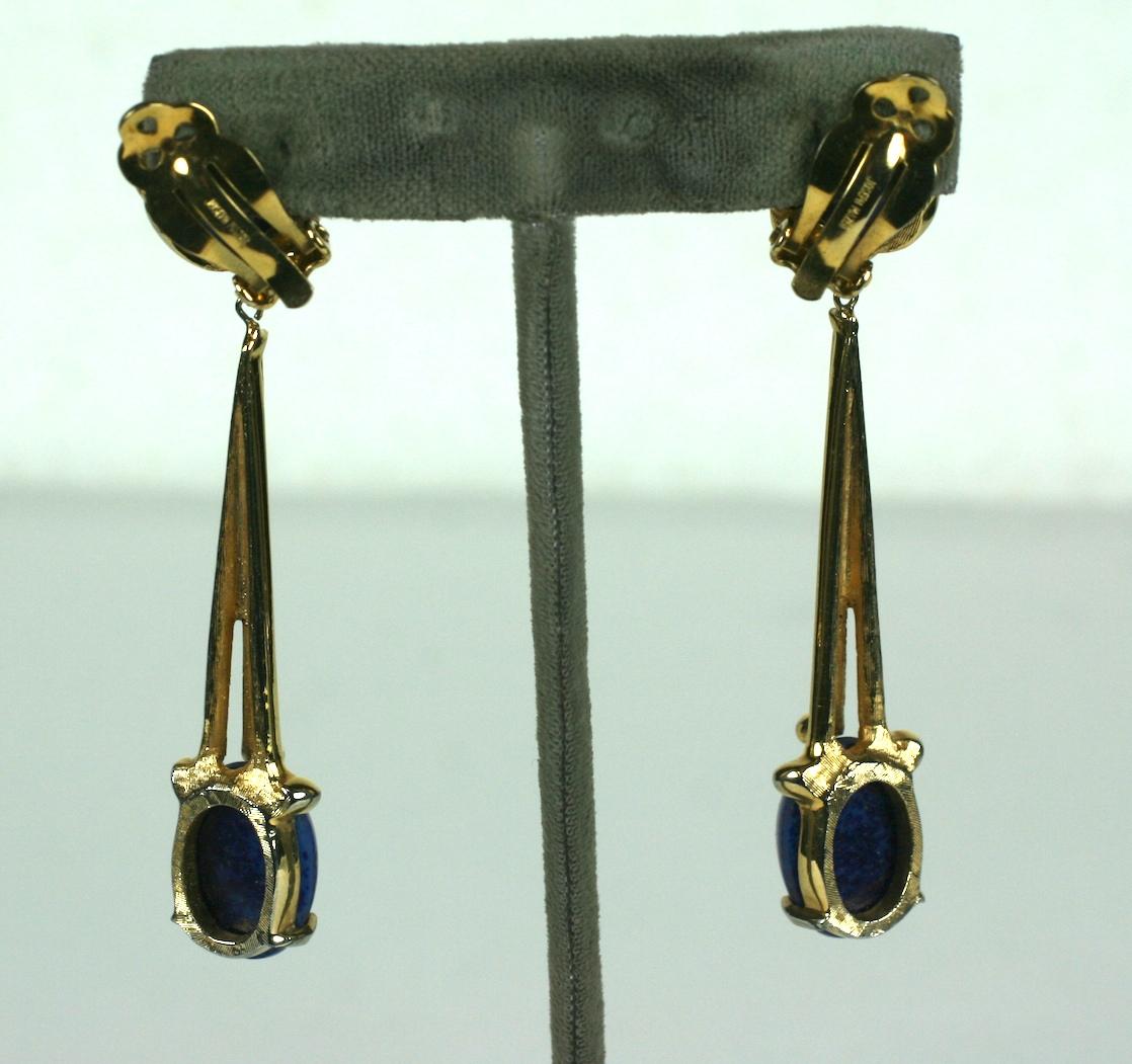 Joseph Mazer Long Modernist Faux Lapis Earrings in unusual melted gold form settings. Clip back fittings. 1970's USA. Signed Jomaz.
3